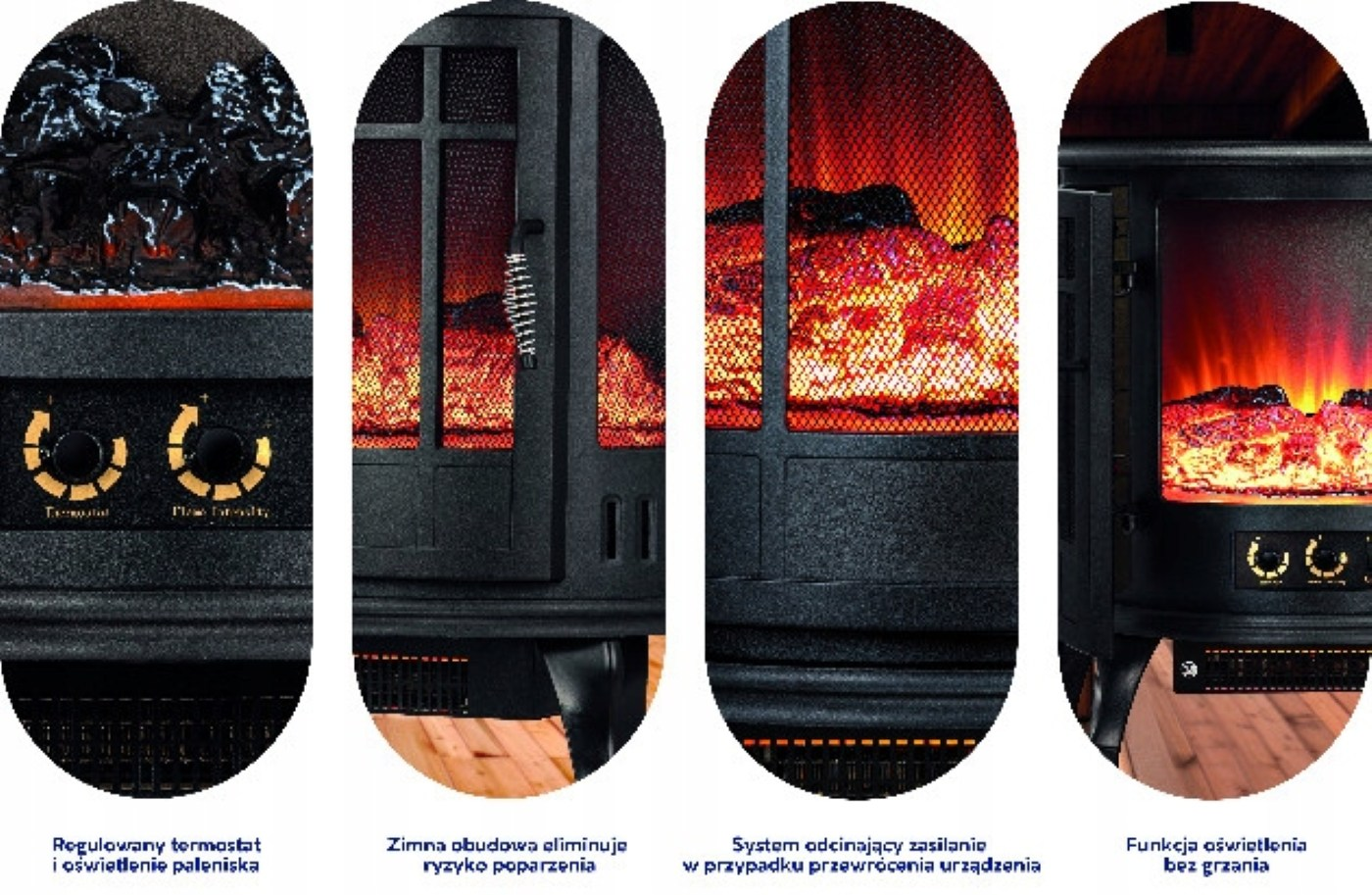 Kominek elektryczny z kontrolkami, zimną obudową, systemem bezpieczeństwa i funkcją światła bez ogrzewania.