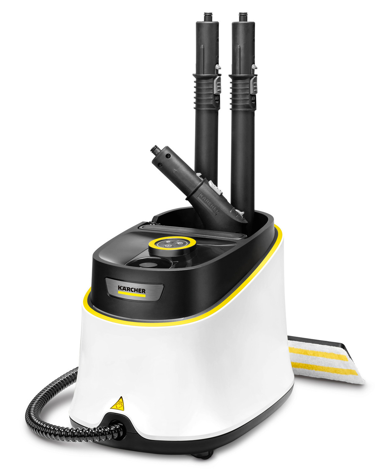 Biało-czarny parownik Kärcher z czarnymi rurami, żółtymi akcentami i głowicą czyszczącą. Widoczne logo Kärcher.