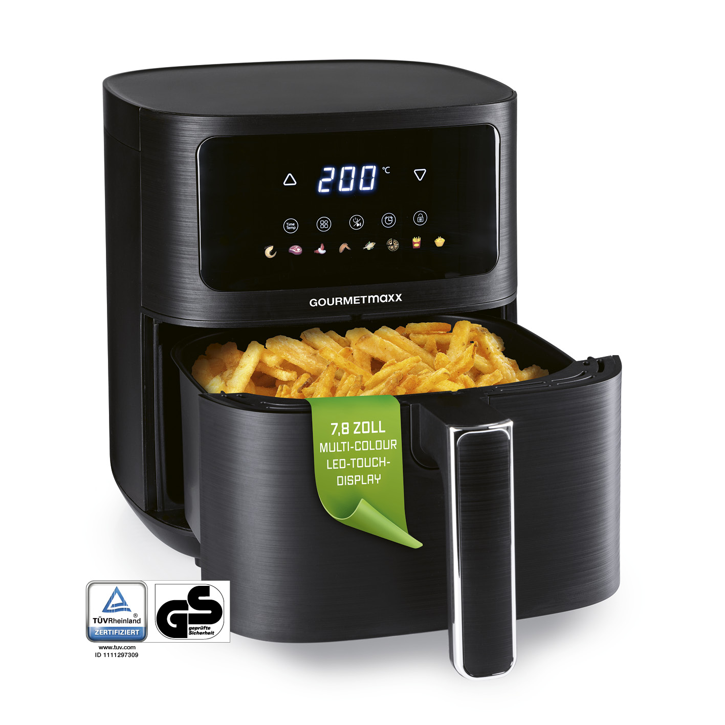 Schwarze Gourmetmaxx-Heißluftfritteuse mit Pommes im Korb, Digitalanzeige und Zertifizierungslogos auf weißem Hintergrund.