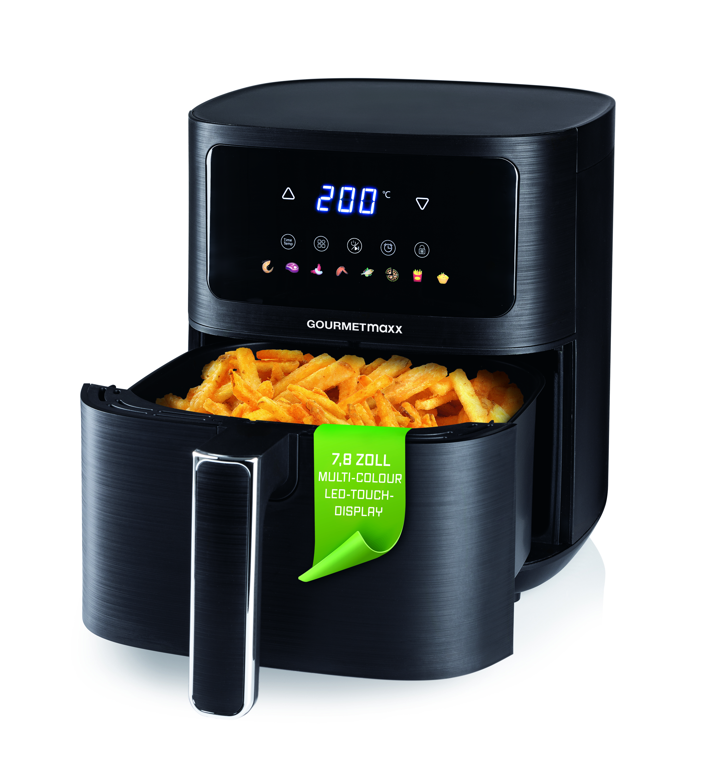 Schwarze Heißluftfritteuse mit Pommes Frites in der Schublade. Sie hat ein Digitaldisplay mit 200 Grad. Ein grünes Etikett ist angebracht.