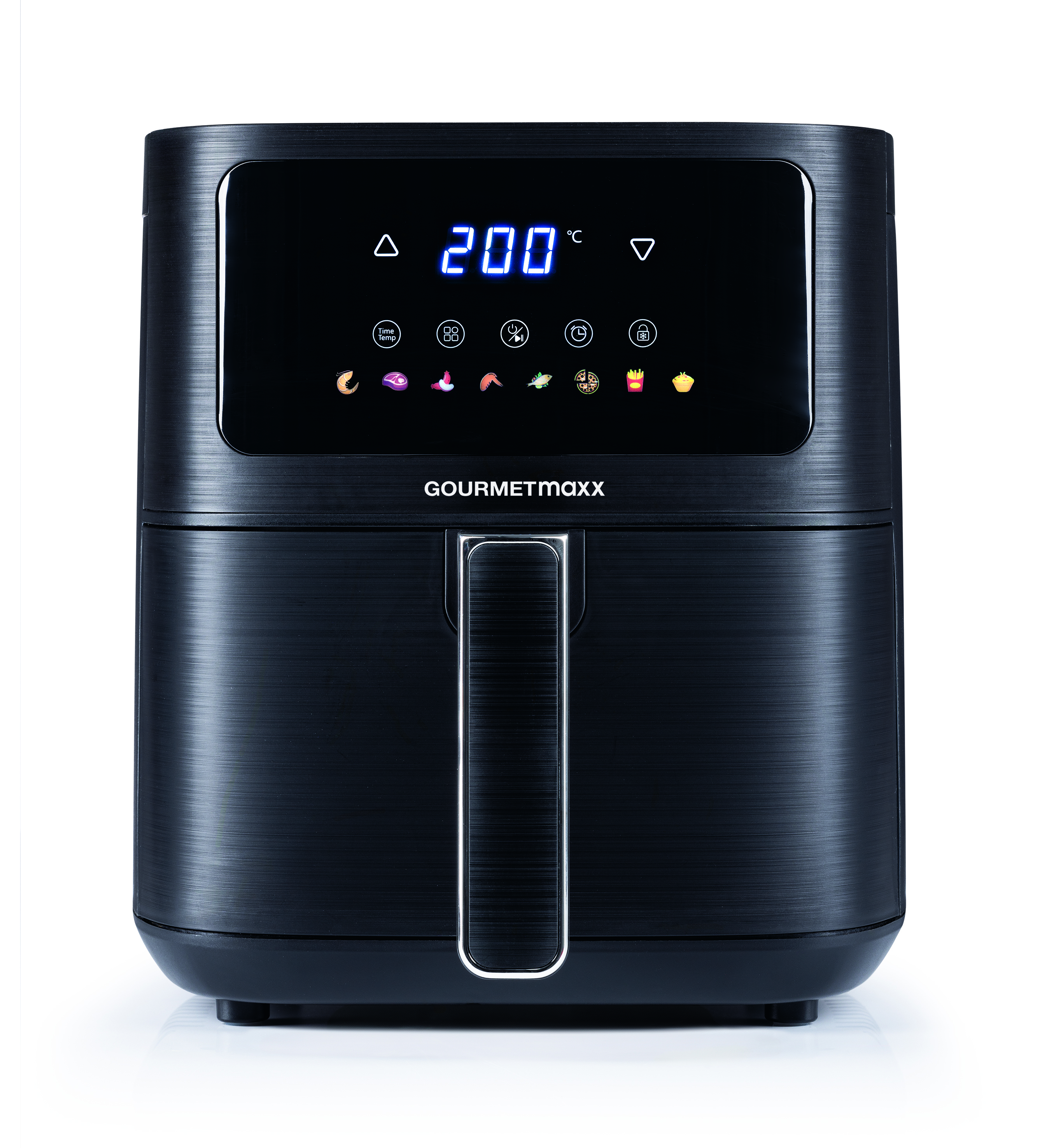 Schwarze Heißluftfritteuse mit Digitalanzeige von 200°C. Sie hat einen Griff und Essenssymbole.