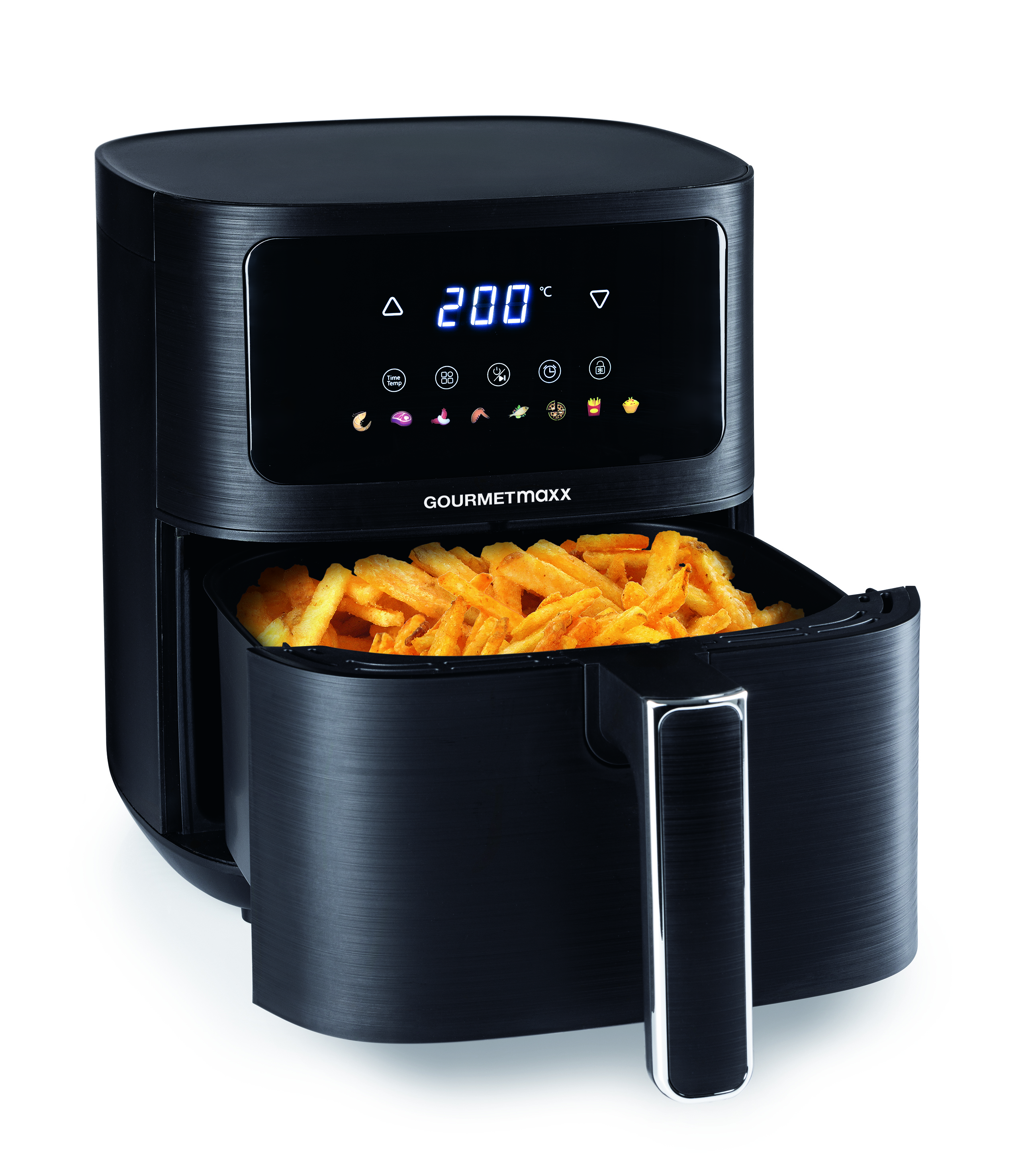 Schwarze Heißluftfritteuse mit Pommes Frites. Das Display zeigt 200°C. Der Hintergrund ist weiß.