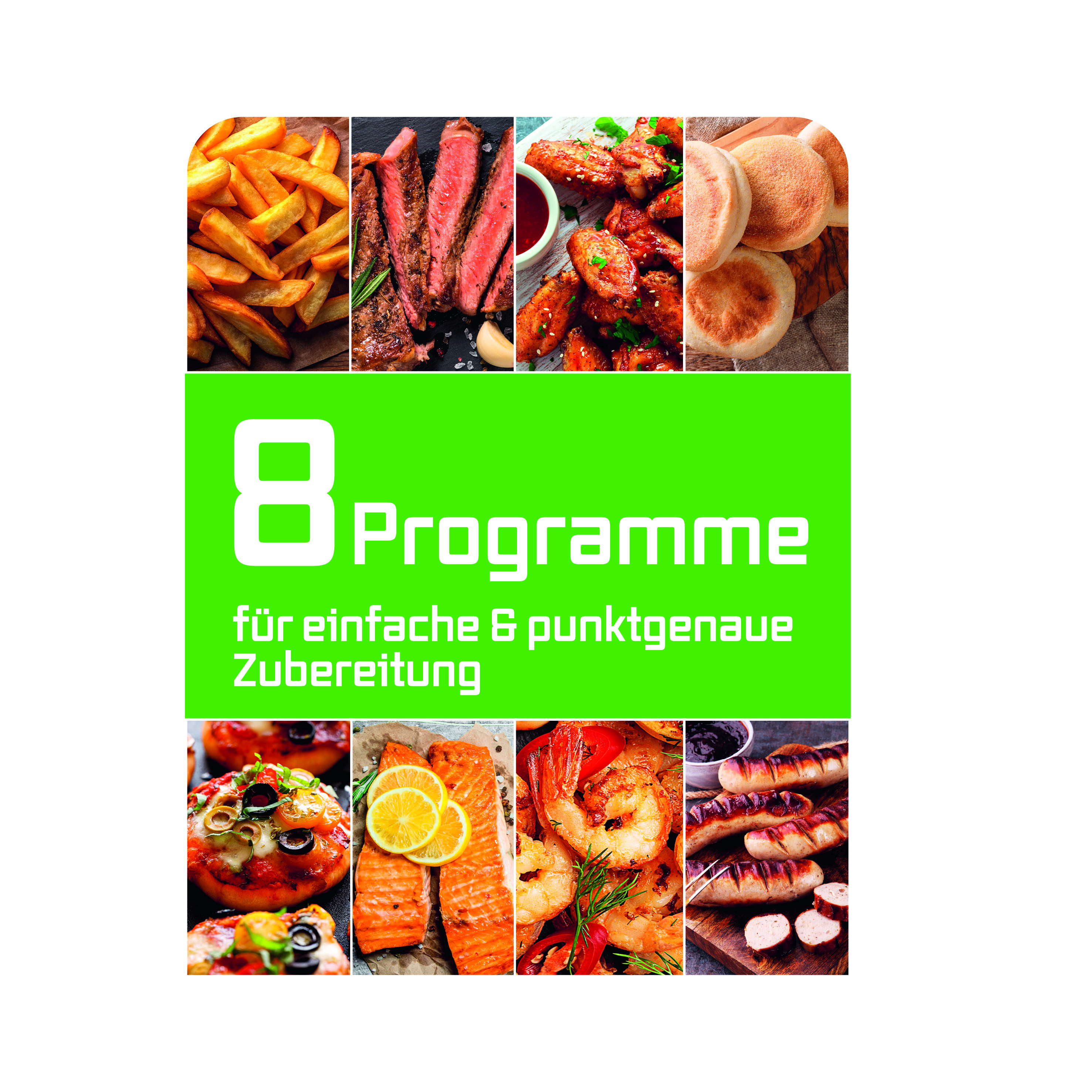 Ein Bild mit verschiedenen Speisen: Pommes, Steak, Hähnchenflügel, Brot, Pizza, Lachs, Garnelen und Würstchen. Ein grünes Banner in der Mitte.