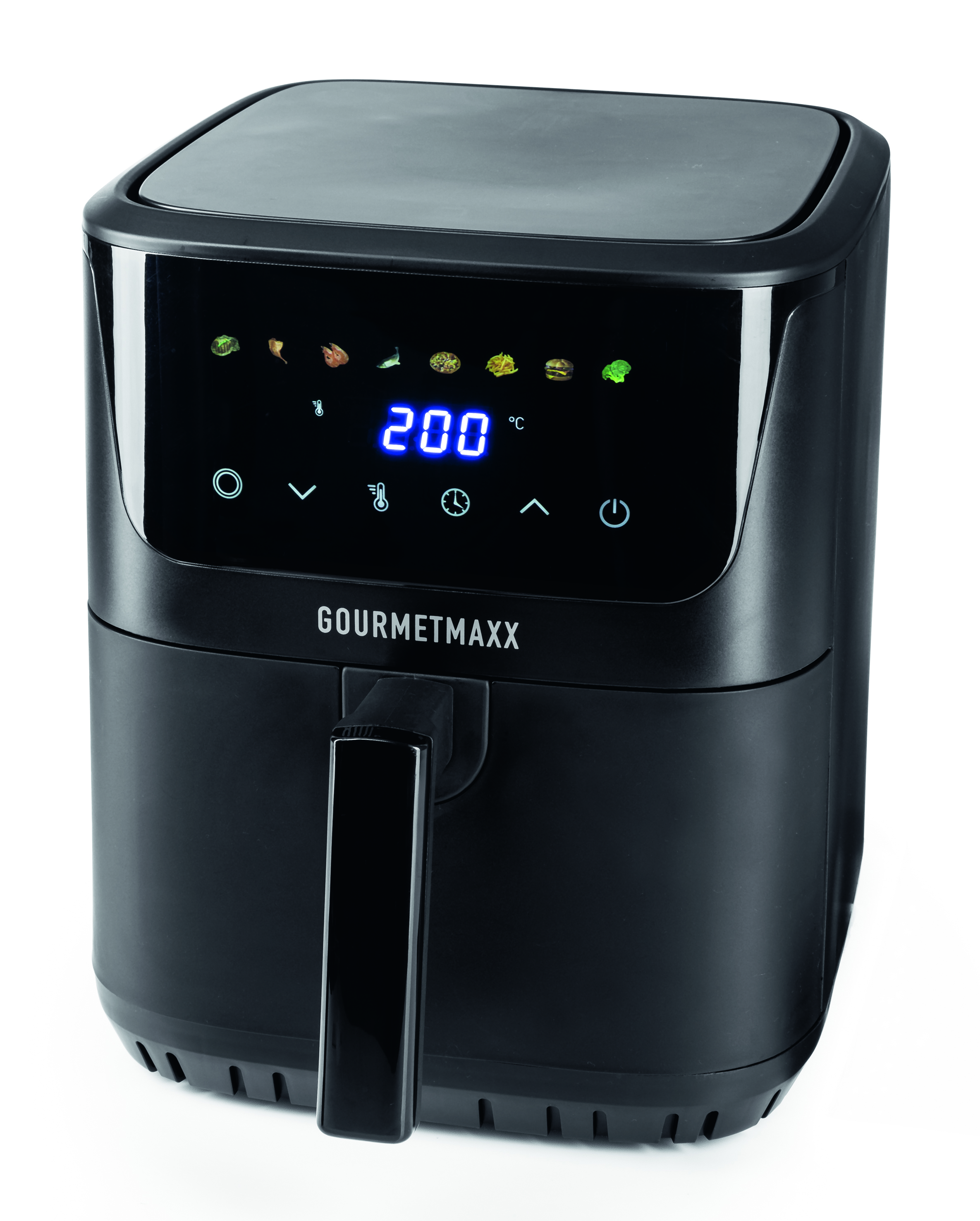 Schwarze Gourmetmaxx Heißluftfritteuse, Digitalanzeige zeigt 200 Grad Celsius. Griff vorne, Kochsymbole.