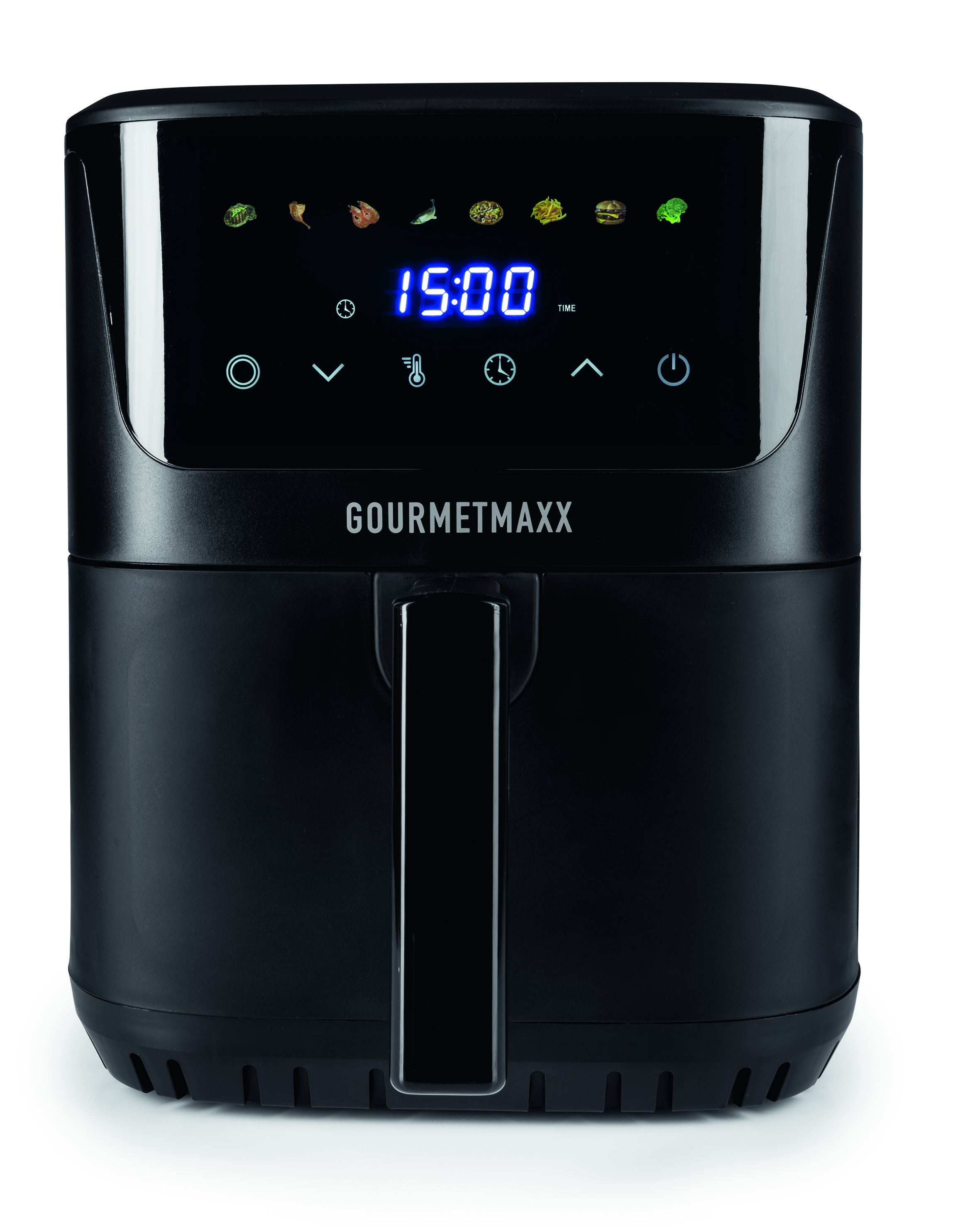 Schwarze Heißluftfritteuse mit Digitalanzeige. Sie zeigt 15:00. Die Marke ist GOURMETMAXX. Weißer Hintergrund.