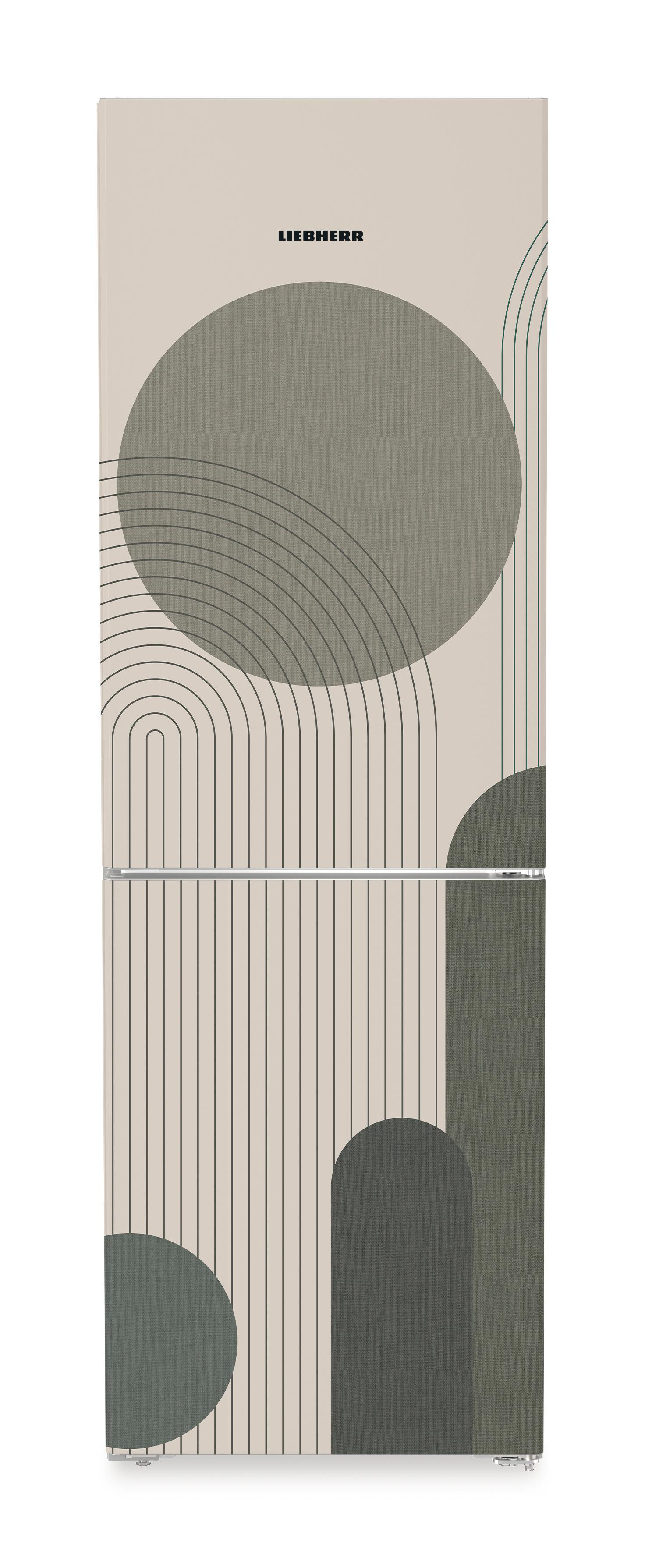 Ein Kühlschrank mit beigem Hintergrund und abstraktem Design. Kreise, Bögen und vertikale Linien in Grün und Schwarz zieren die Oberfläche.