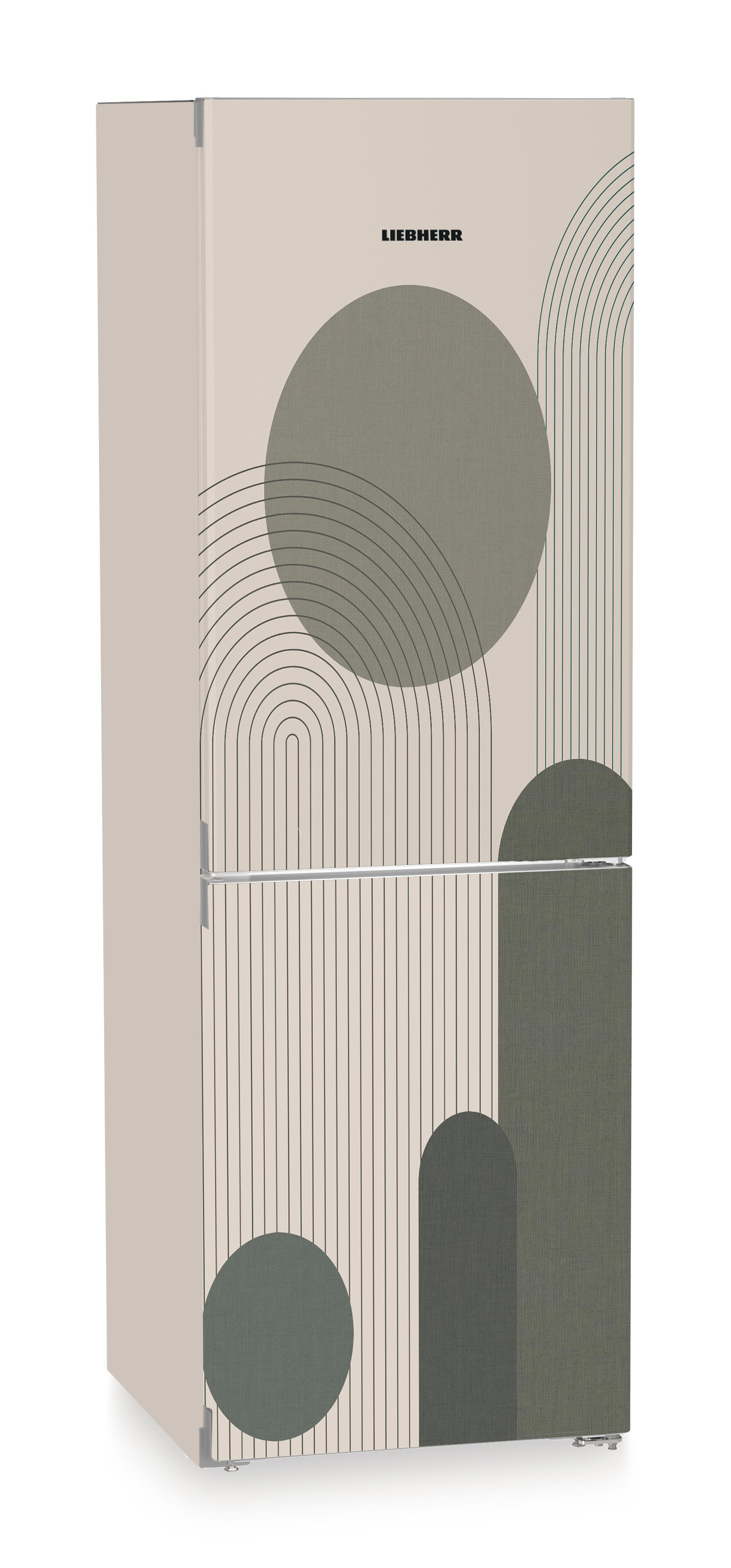 Ein Kühlschrank mit beigem Hintergrund und abstraktem Design. Er hat grüne Kreise, Bögen und vertikale Linien. Der Markenname ist Liebherr.