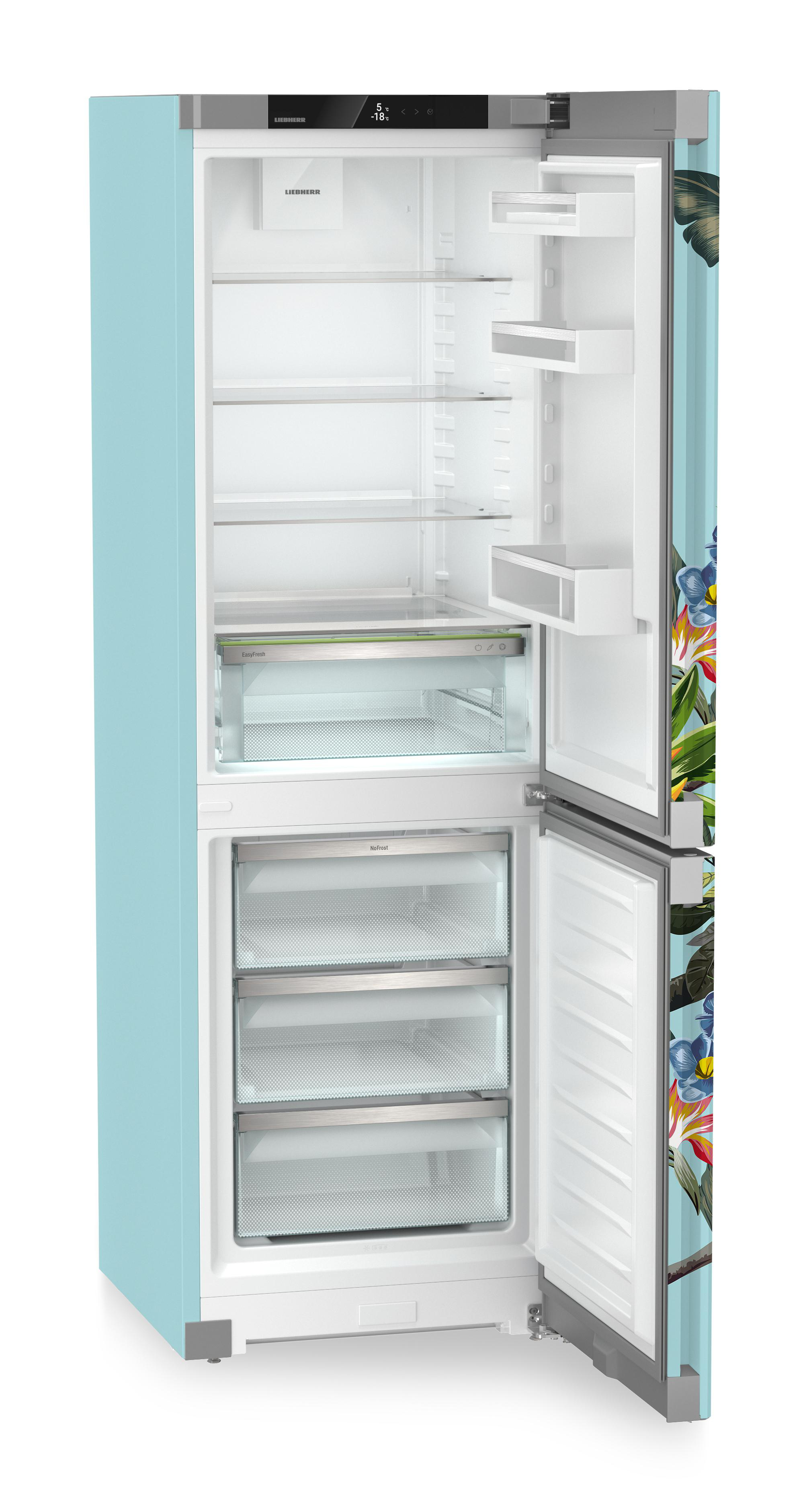 Offener Kühlschrank mit Blumendesign an der Seite. Innen: Regale, Schubladen und Temperaturanzeige.