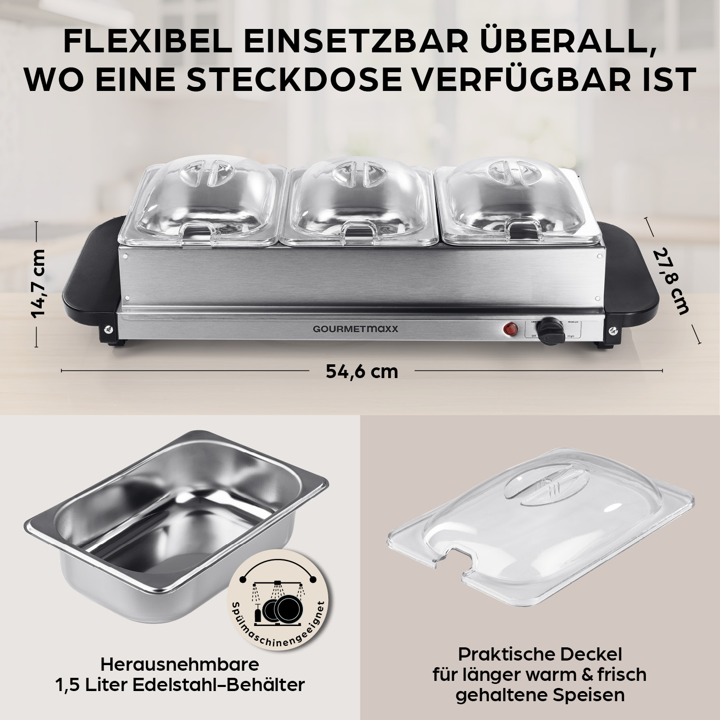 Ein Edelstahl-Speisenwärmer mit drei Fächern und durchsichtigen Deckeln. Abmessungen werden angezeigt. Ein herausnehmbarer Behälter und Deckel sind abgebildet.
