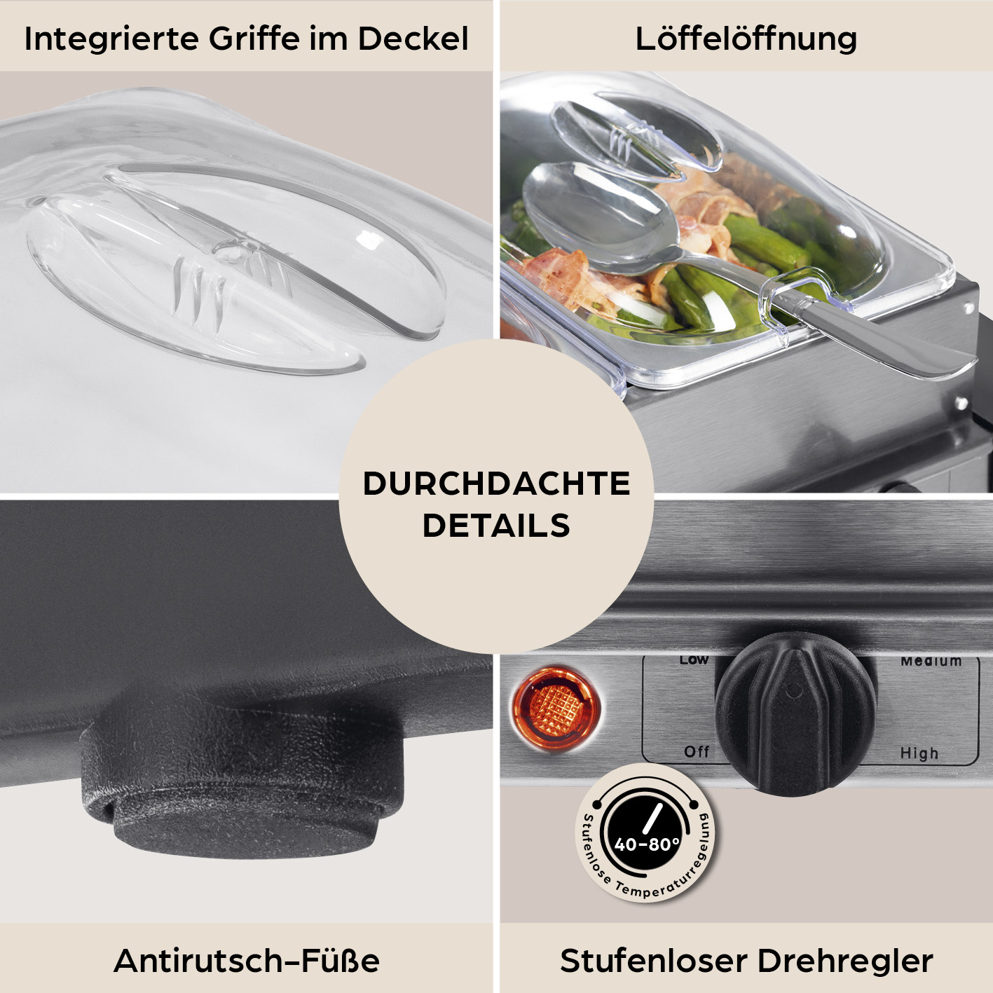 Details eines Warmhaltegeräts: Griffe, Löffelöffnung mit Essen, Anti-Rutsch-Füße und ein Temperaturregler.