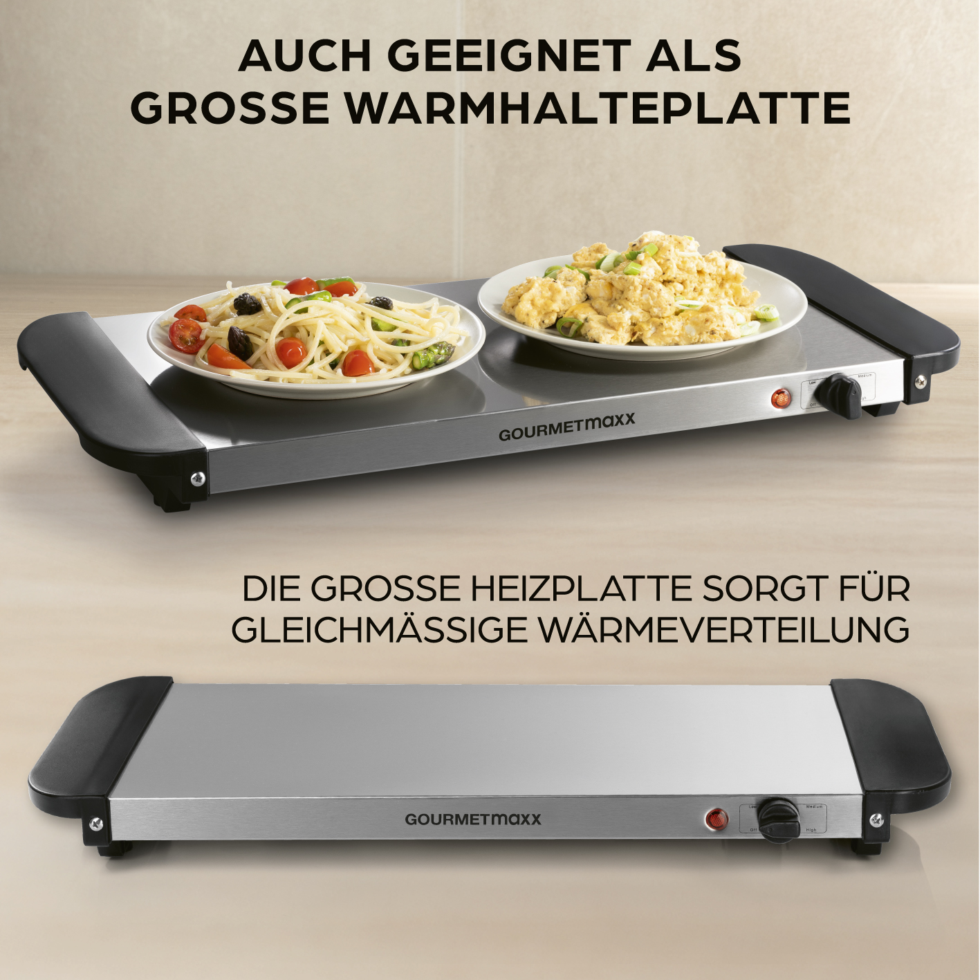 Ein Speisenwärmer mit zwei Tellern mit Essen darauf. Ein Teller hat Pasta, der andere Rührei. Text sagt 'GOURMETmaxx'.