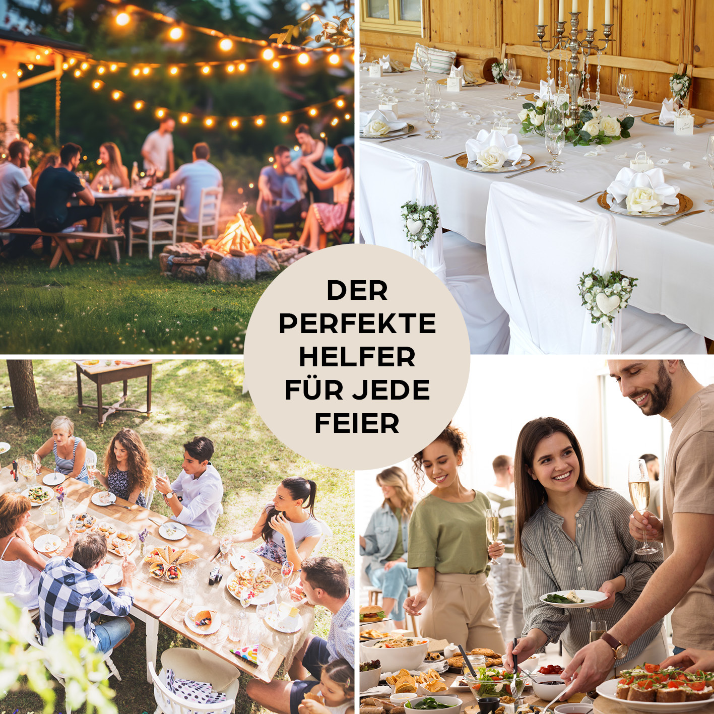 Collage von Partyszenen: Abendessen im Freien, Lagerfeuer, dekorierte Esstische, Menschen, die Essen vom Buffet servieren.