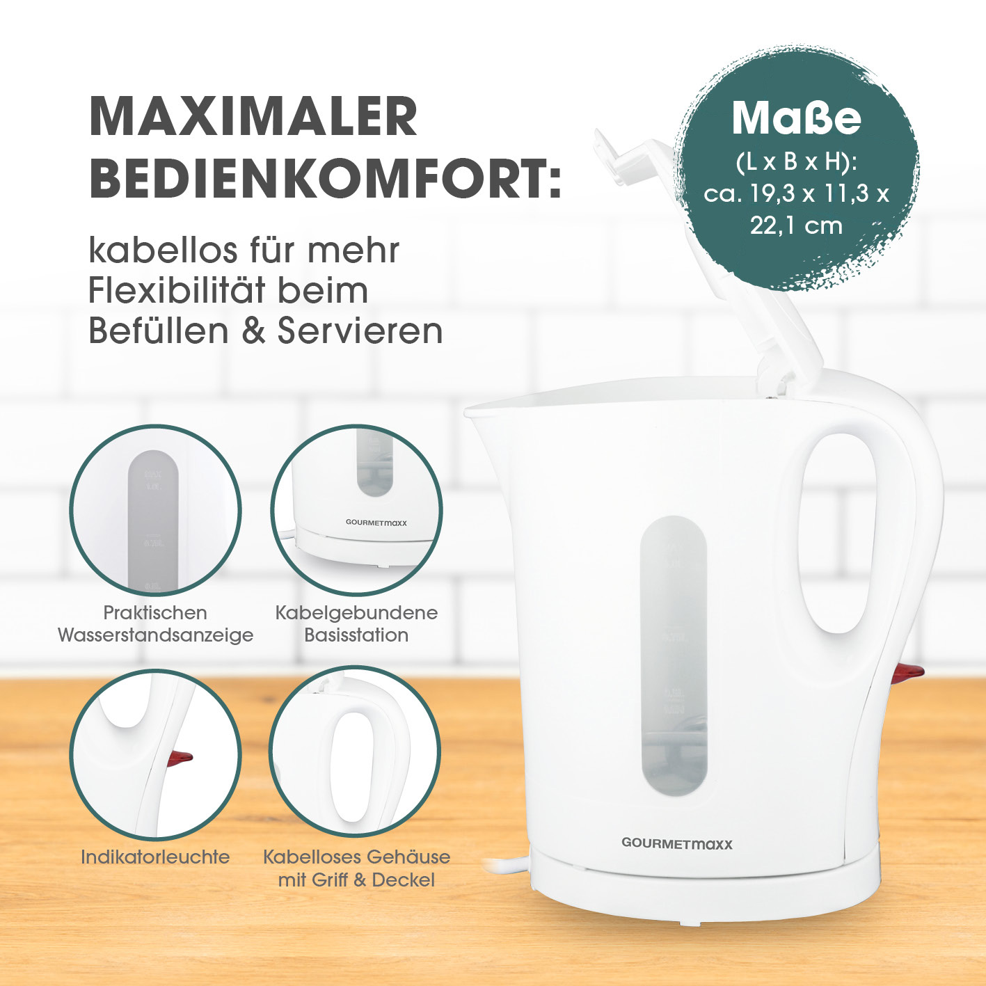 Weißer Wasserkocher mit offenem Deckel, Wasserstandsanzeige und rotem Kontrolllicht. Textdetails zu Abmessungen und Funktionen.