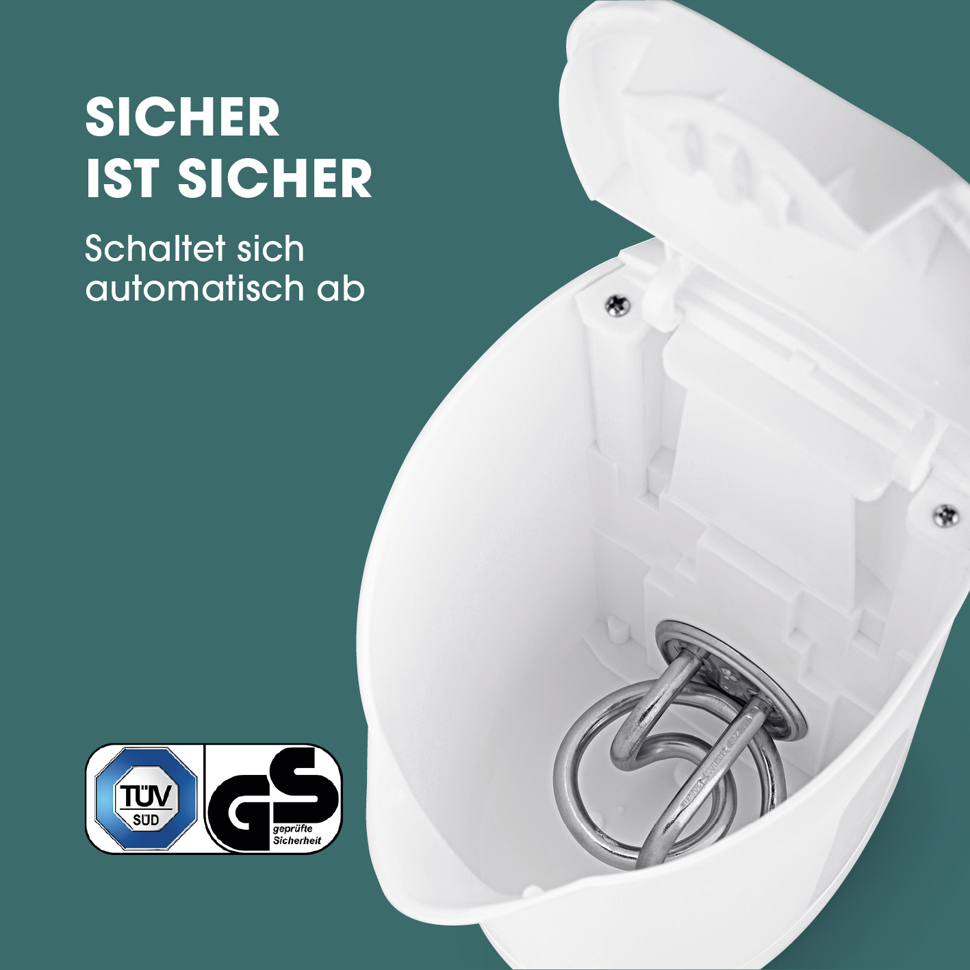 Weißer Wasserkocher mit offenem Deckel. Innen ist ein silbernes Heizelement sichtbar. Der Text lautet 'Sicher ist Sicher' und 'Schaltet sich automatisch ab'.