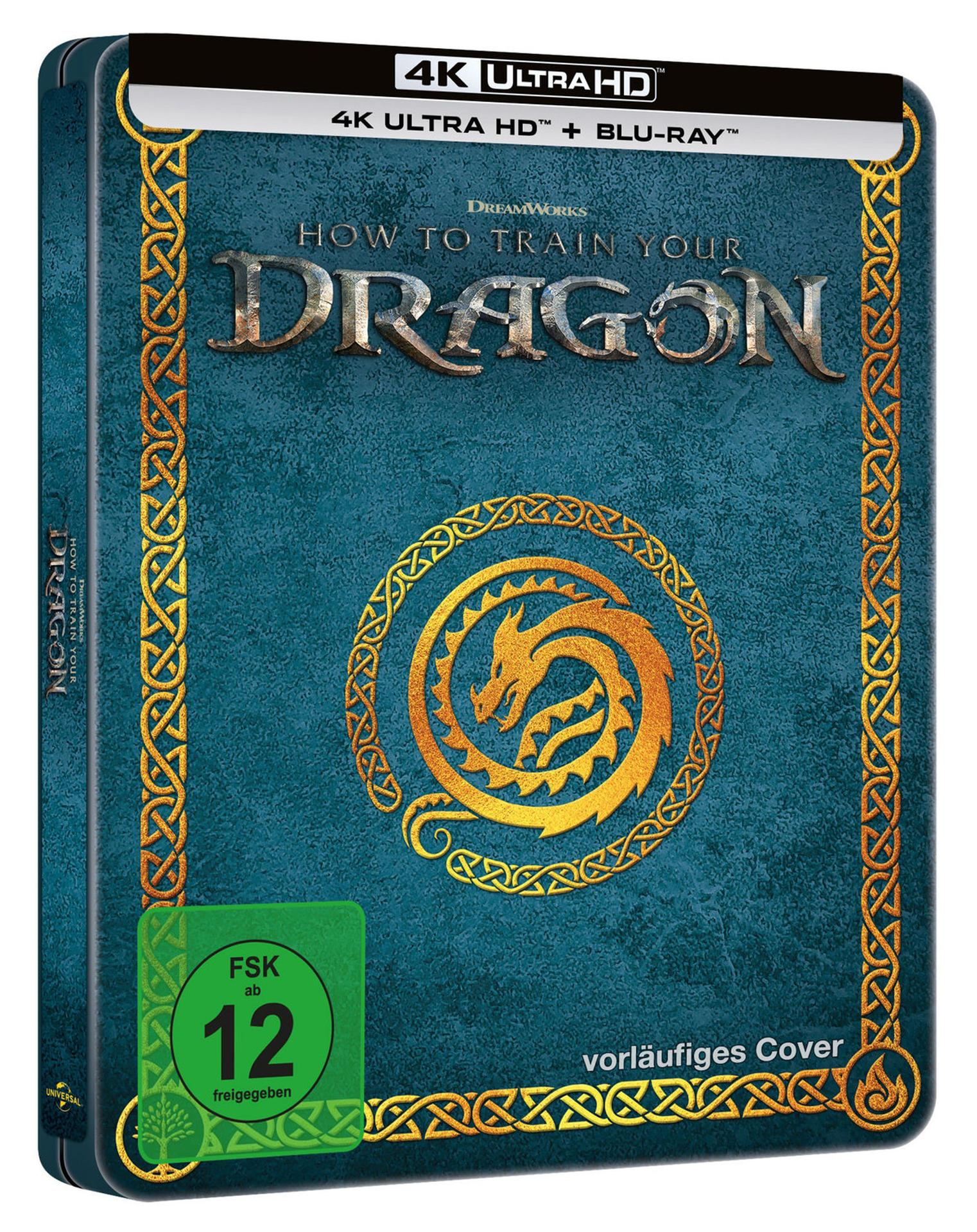 Blu-ray-Cover für 'Drachenzähmen leicht gemacht' mit teal Hintergrund, goldenen Drachen- und keltischen Designs. FSK 12.
