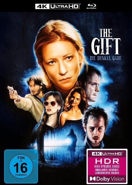 Filmposter für 'The Gift' mit Schauspielern. Es hat einen dunkelblauen Hintergrund. Der Text enthält '4K Ultra HD' und das Dolby Vision Logo.