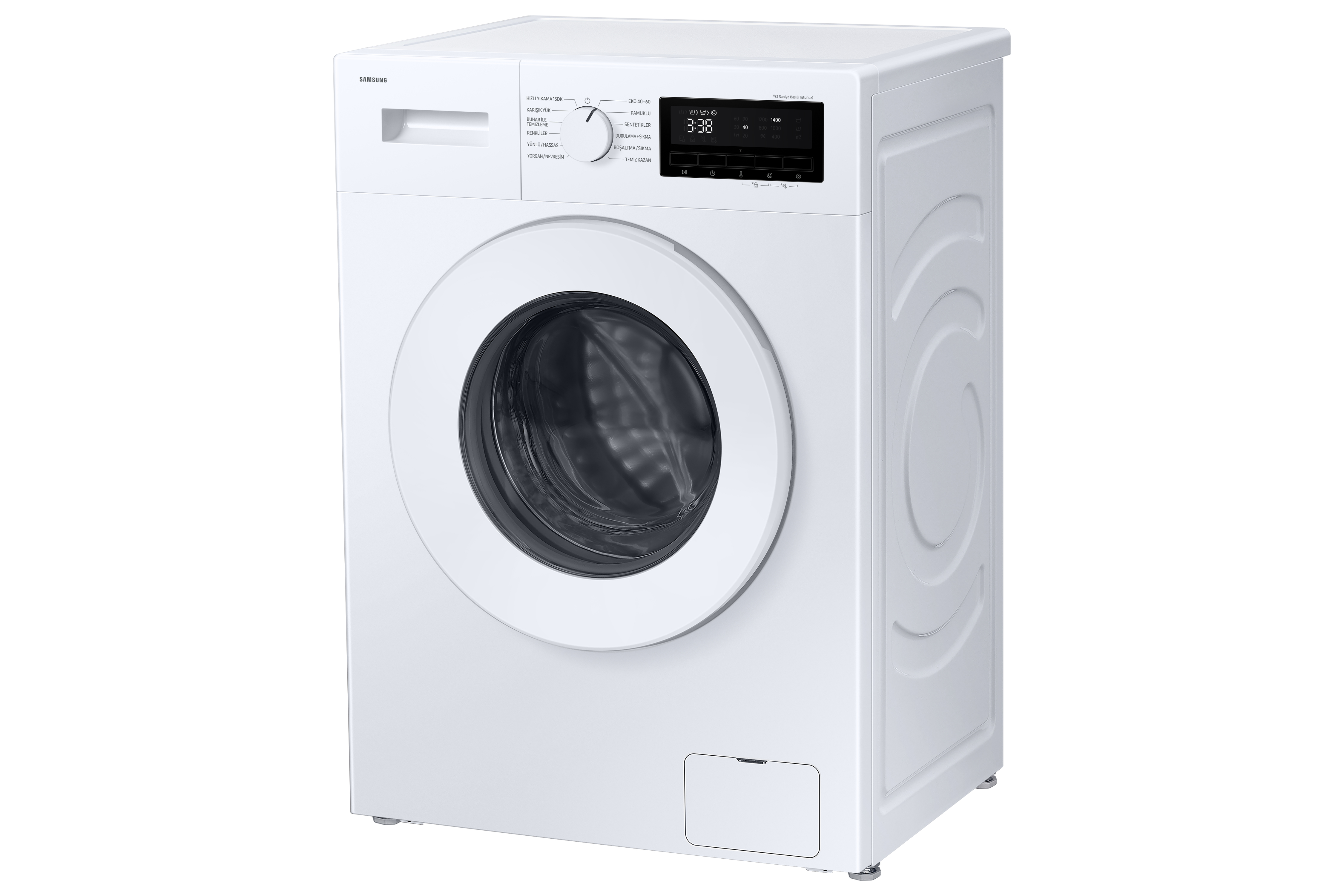 Beyaz bir Samsung çamaşır makinesi. Ön yüklemeli bir kapısı, kontrol paneli ve 3:38 gösteren dijital ekranı var.