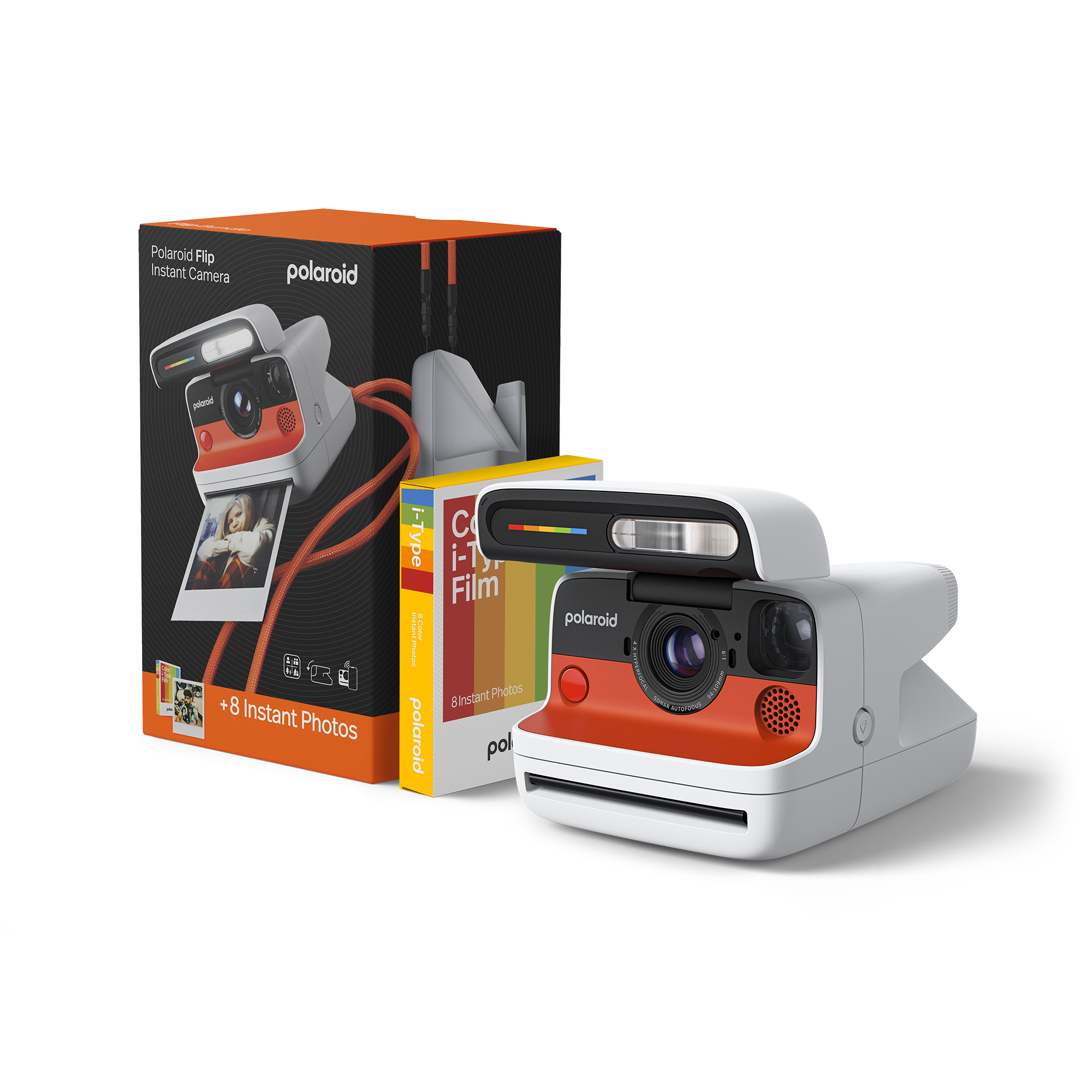 Polaroid anında fotoğraf makinesi ve film kutusu. Makine beyaz ve turuncudur. Film kutusunda gökkuşağı şeridi var.