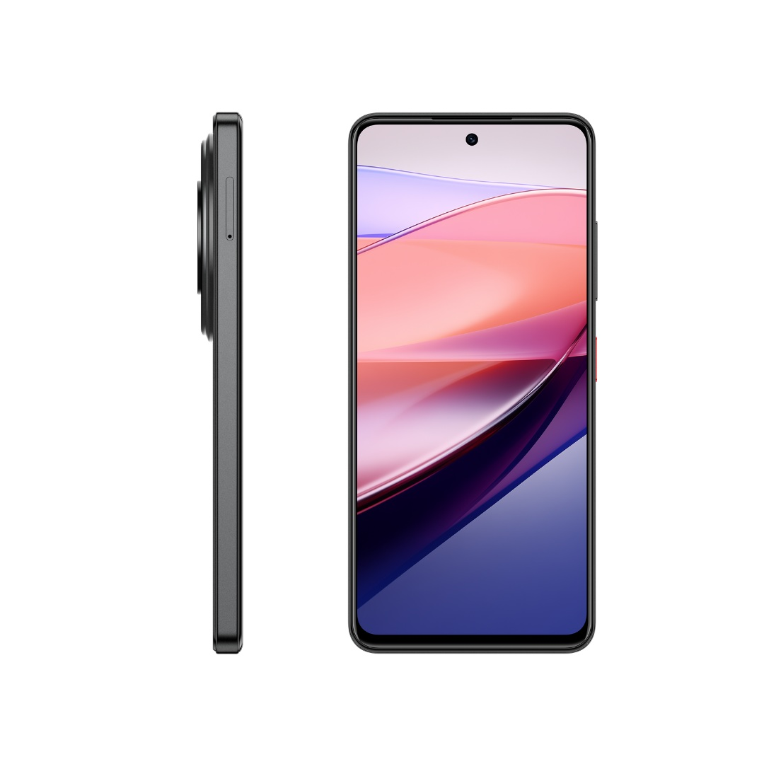 Bir akıllı telefon iki açıdan gösteriliyor. Ön tarafında renkli bir görüntü olan ekran var. Yan görünümünde kamera modülü var.