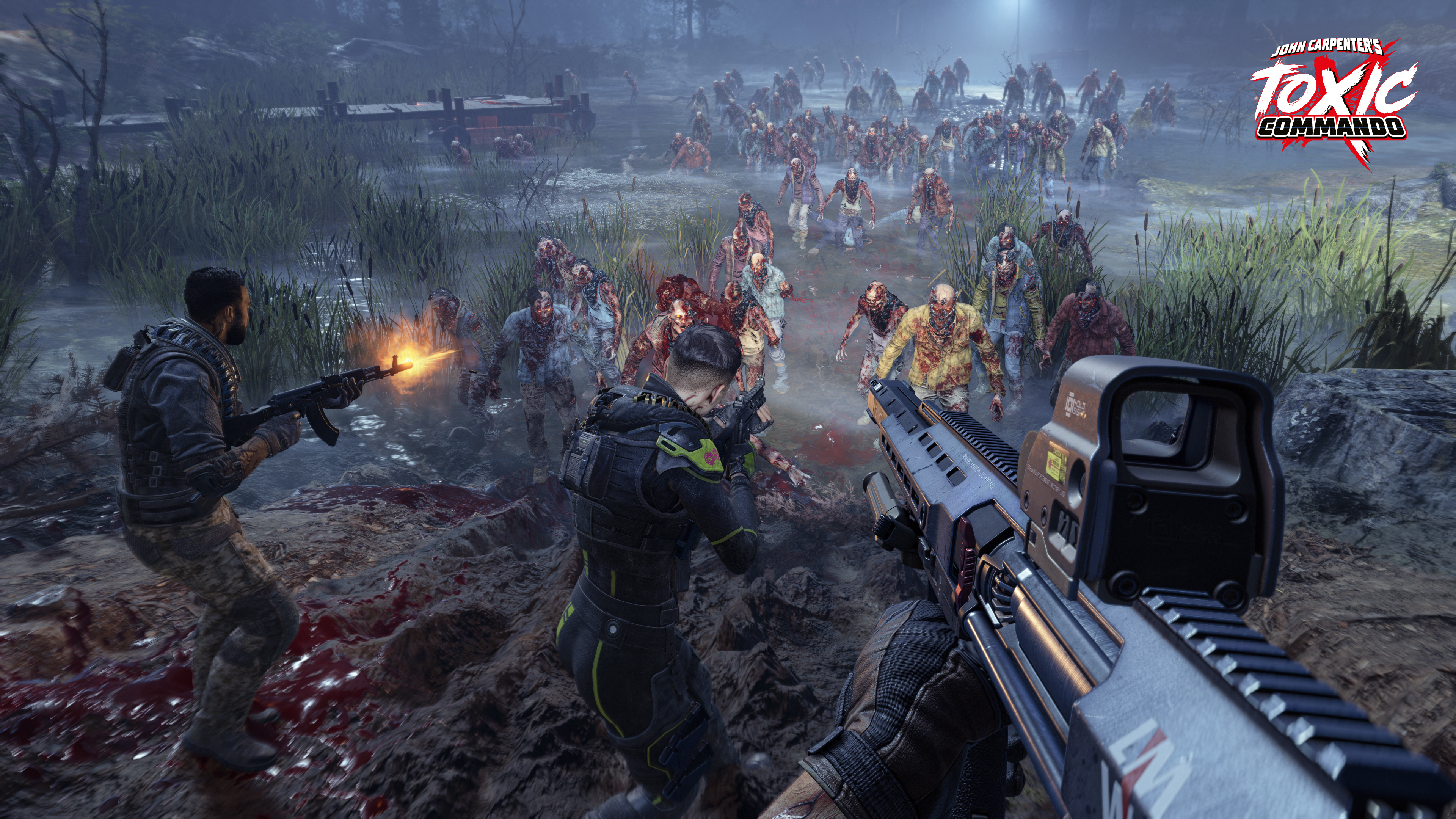 Ego-Perspektive auf eine Zombiehorde, die von Soldaten beschossen wird. Die Umgebung ist ein sumpfiges Gebiet mit einem Toxic Commando Logo.