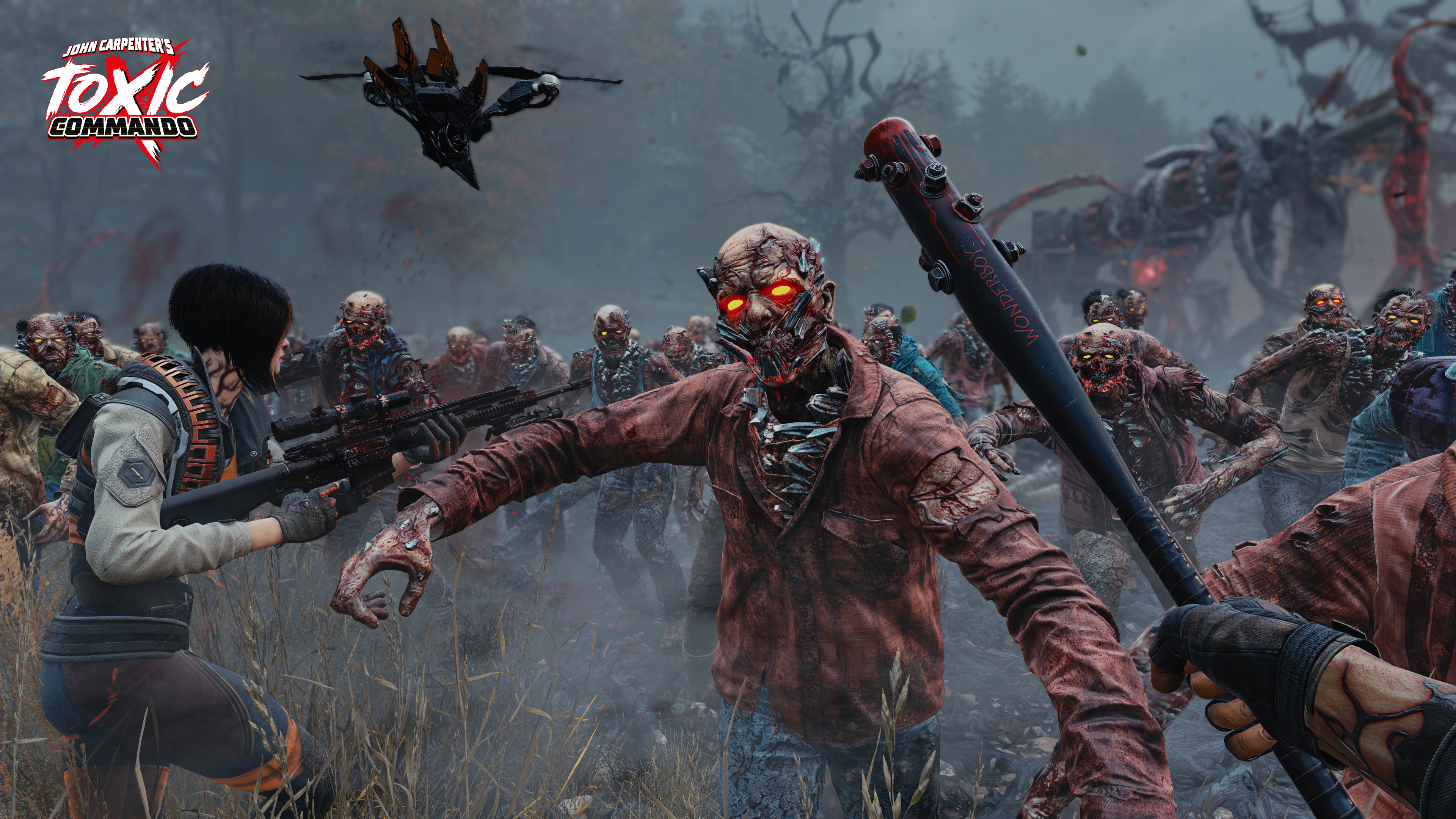 Eine Zombiehorde greift an. Eine Person zielt mit einem Scharfschützengewehr. Eine Person hält einen Schläger. Eine Drohne fliegt. Die Szene spielt in einem kriegsversehrten Gebiet.
