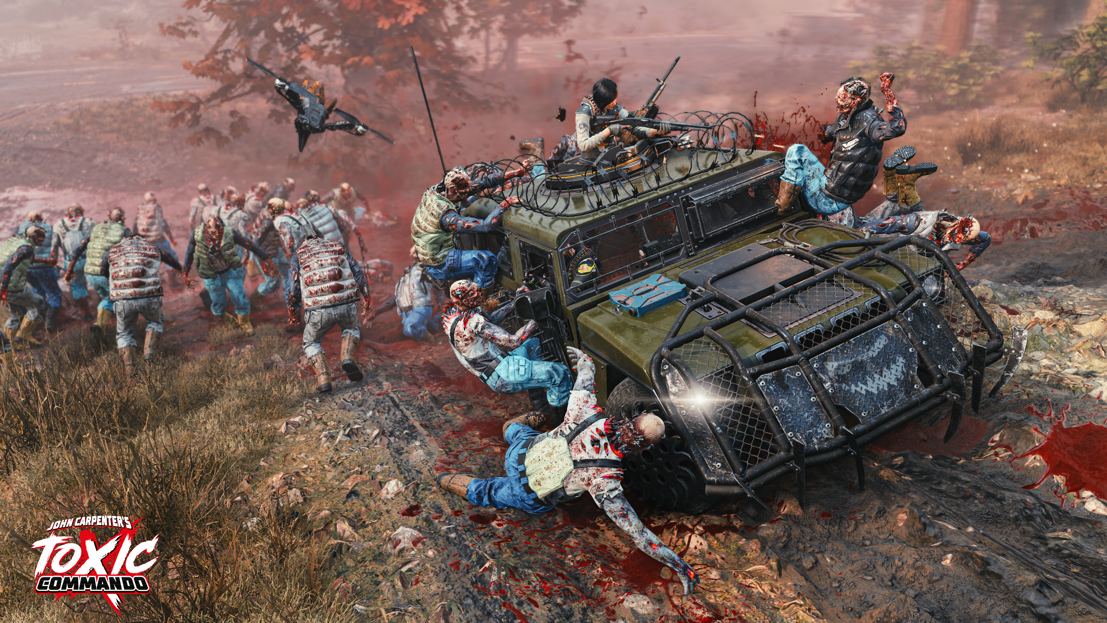Ein Humvee ist von Zombies umgeben. Einige sind darauf, andere klettern, und einige liegen in einer blutigen Szene am Boden.