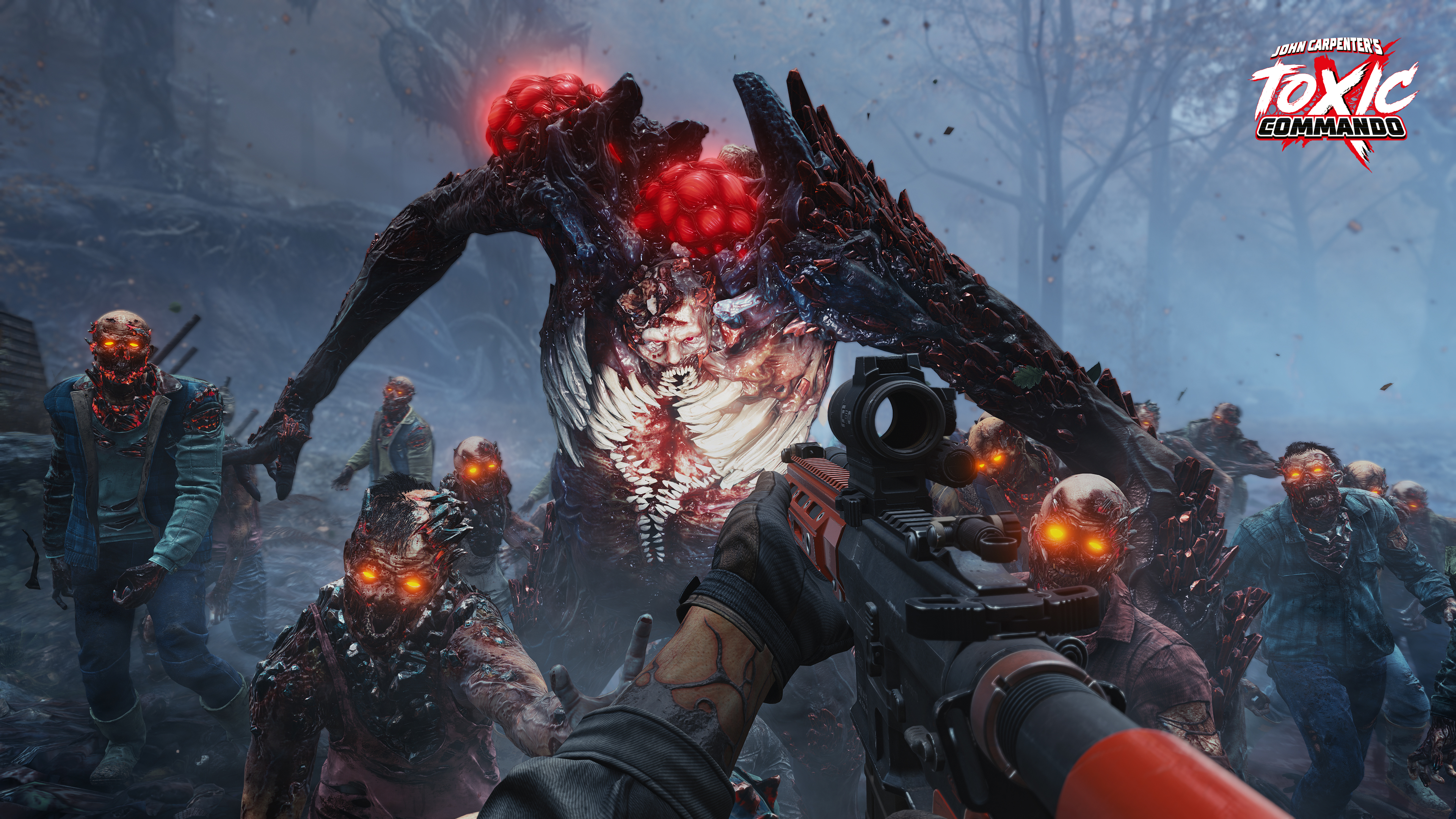 Ego-Perspektive einer Zombie-Horde. Ein großes Monster und mehrere Zombies mit leuchtenden Augen sind zu sehen. Eine Waffe wird gehalten.