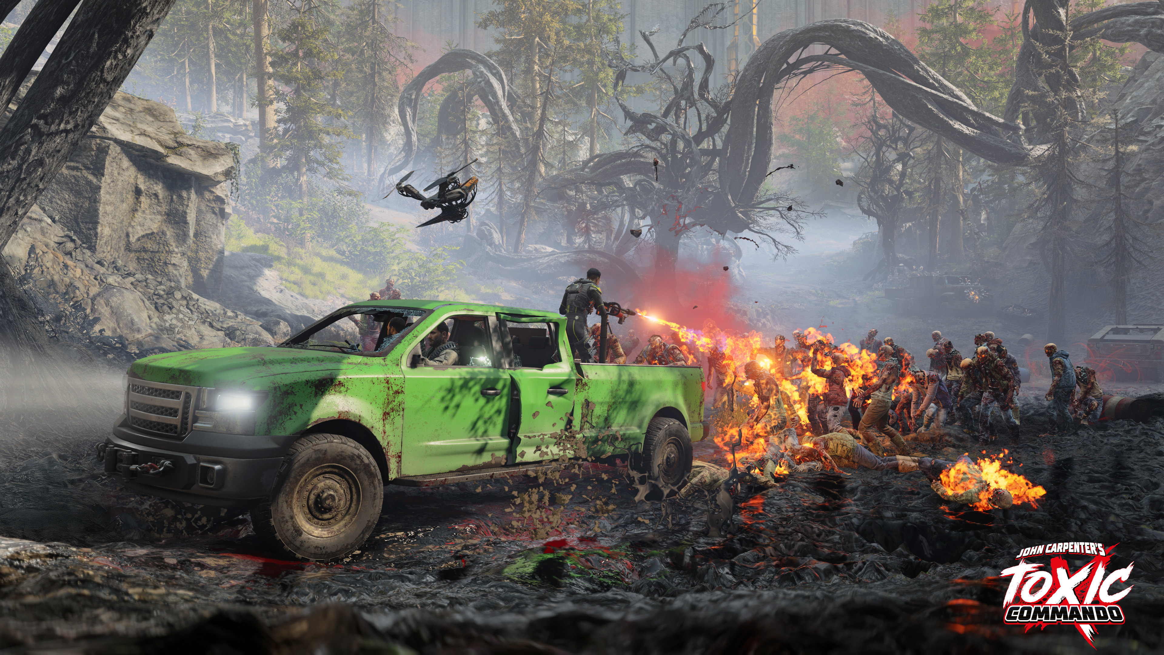 Ein grüner LKW feuert auf Zombies in einem Wald. Eine Drohne fliegt darüber. Flammen schlagen aus, und der Hintergrund zeigt einen dunklen, verdrehten Wald.
