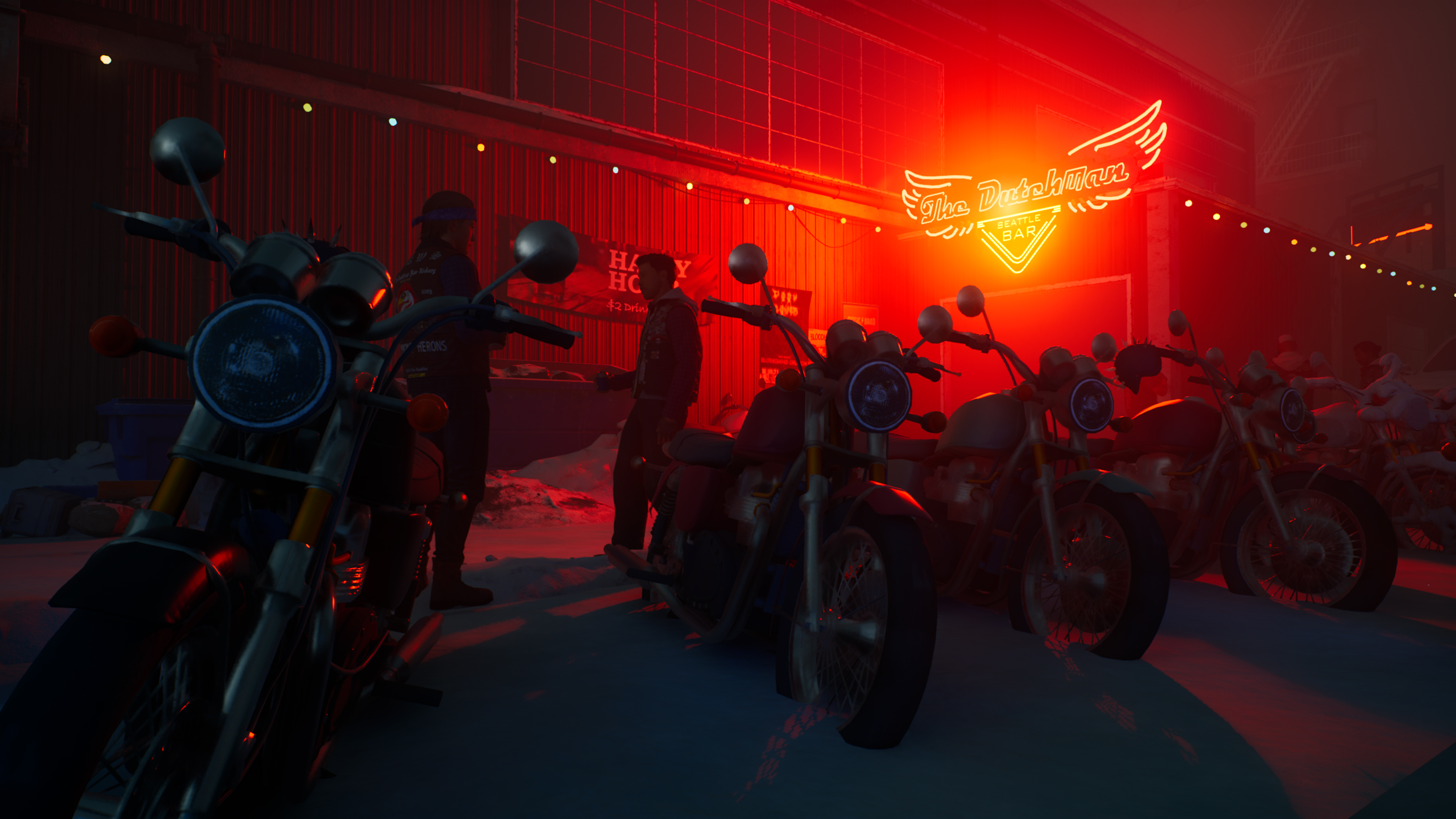 Motorräder vor einer Bar geparkt. Zwei Männer stehen in der Nähe von Fahrrädern. Neon-Schild mit der Aufschrift 'The Dutchman Bar'. Rote Beleuchtung.