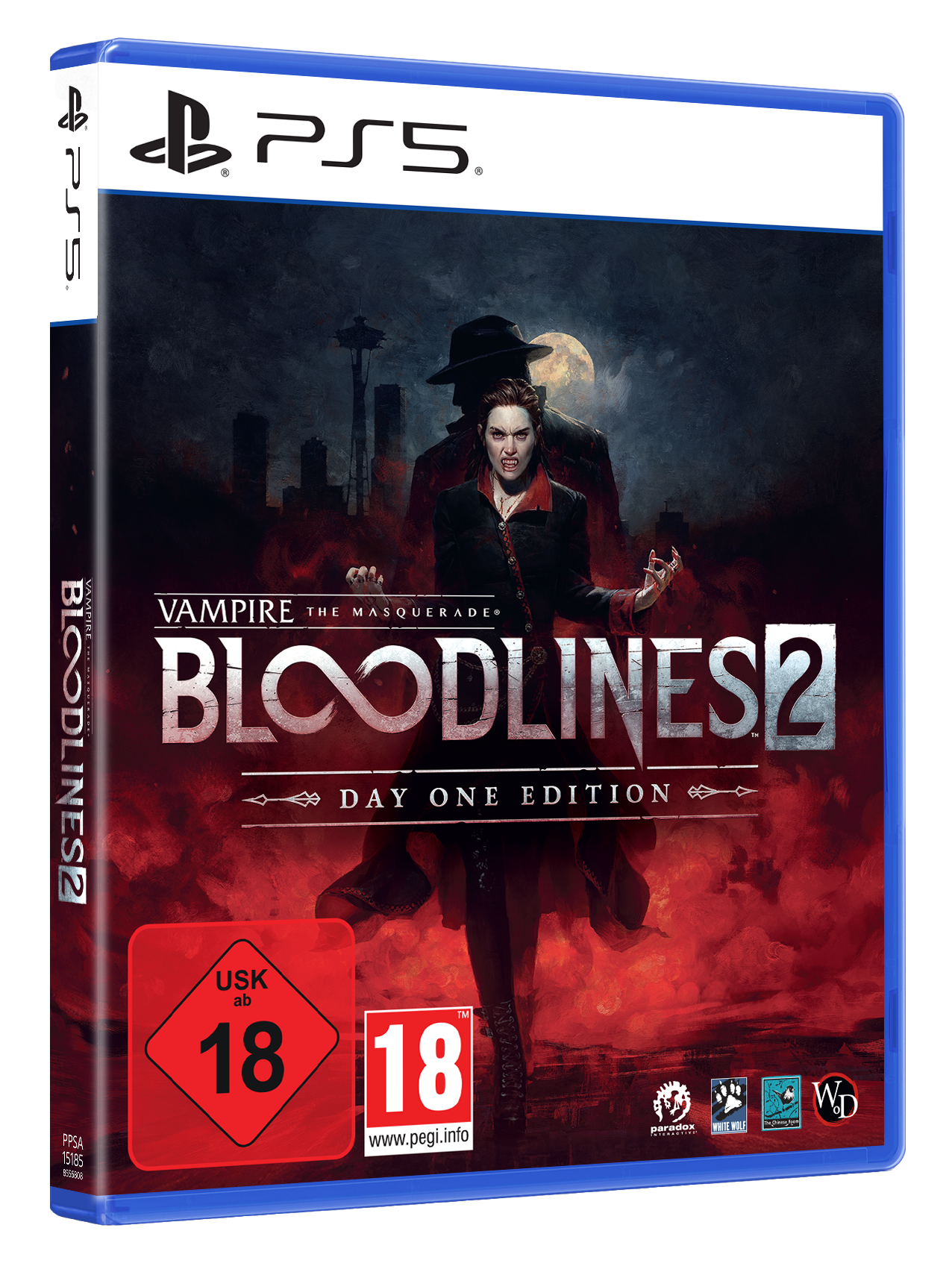 Spielcover: Vampire the Masquerade: Bloodlines 2. Eine Frau mit Fangzähnen und ein Mann mit Hut vor einer Stadtkulisse.