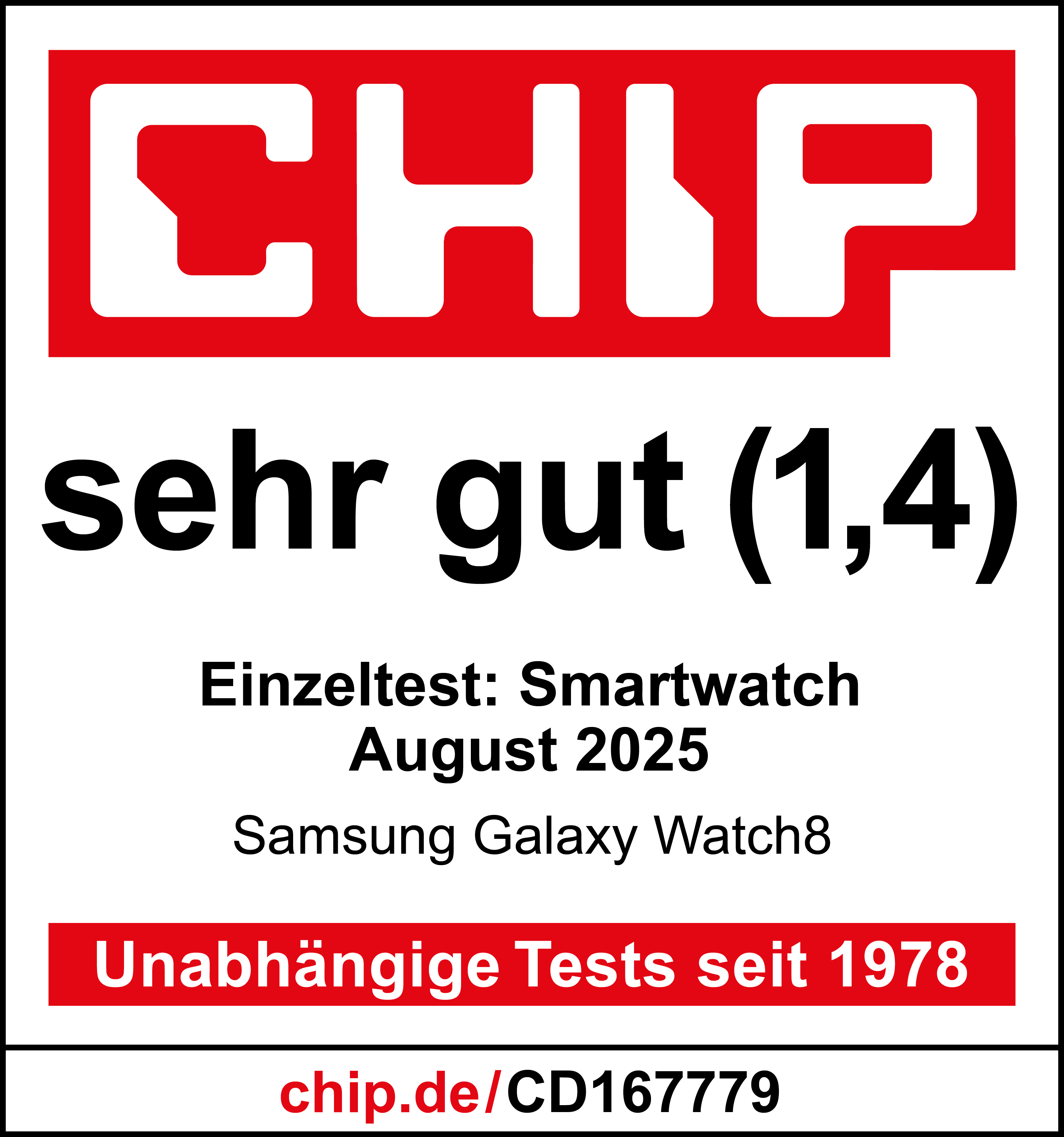 Ein rotes und weißes Logo mit Text, 'sehr gut (1,4)' und Details zu einem Smartwatch-Test vom August 2025.
