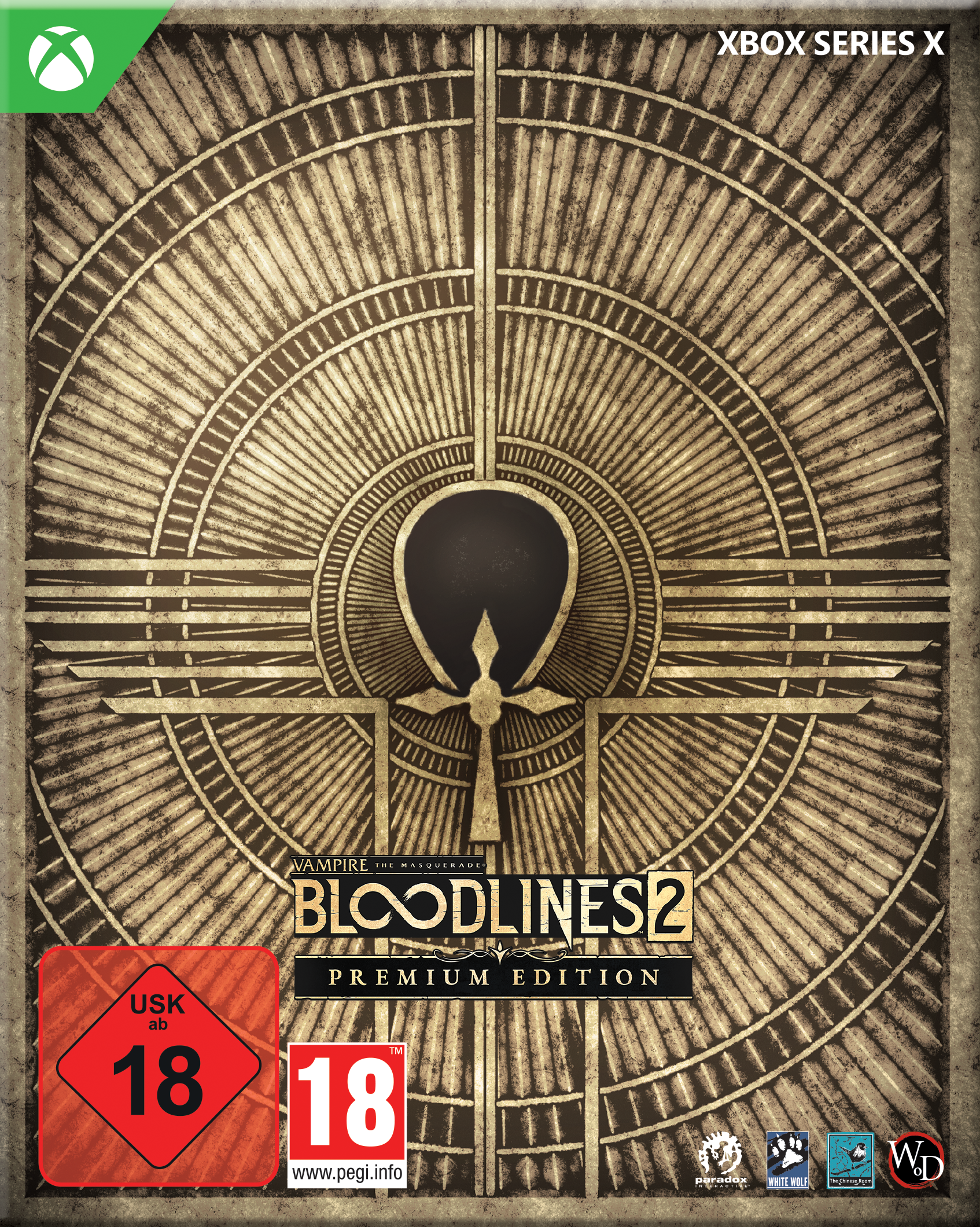Spielcover für Vampire: The Masquerade - Bloodlines 2. Mit Ankh-Design in Gold auf braunem Hintergrund, mit Spieldetails.
