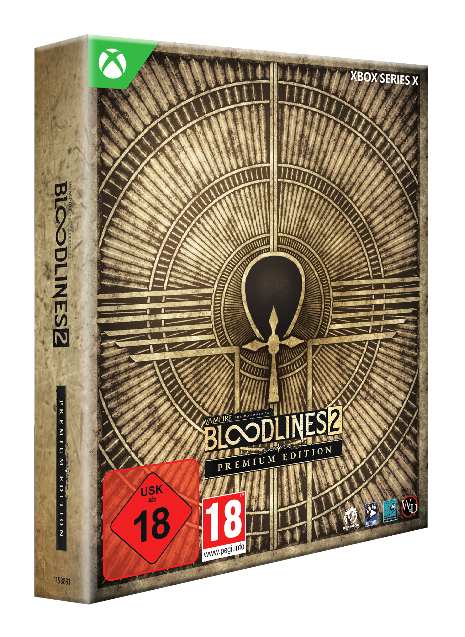 Spielbox von Vampire: The Masquerade - Bloodlines 2. Mit Ankh-Symbol und 18er-Rating. Xbox Series X-Logo vorhanden.