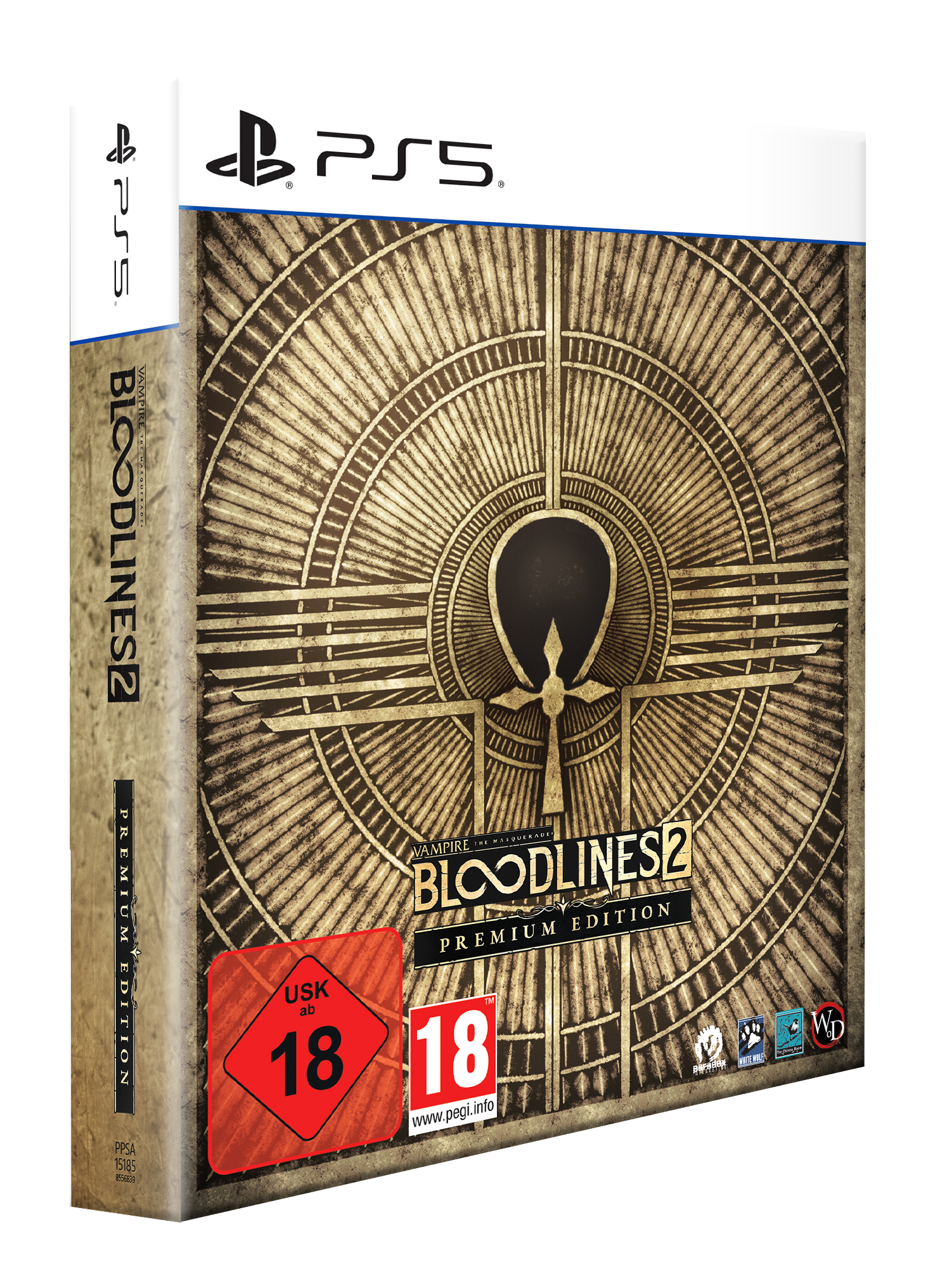PS5-Spielhülle für Bloodlines 2 Premium Edition. Mit Ankh-Design und Altersfreigaben. Der Kasten hat einen dunklen, strukturierten Hintergrund.
