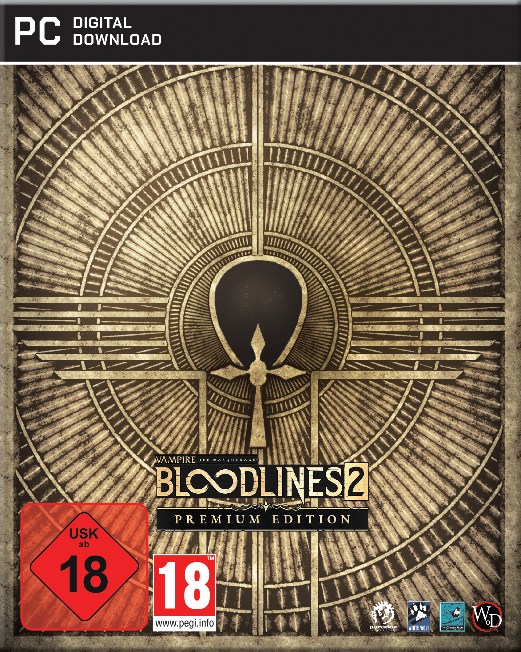 Spielcover für Vampire: The Masquerade - Bloodlines 2. Enthält ein Ankh-Symbol auf strukturiertem Hintergrund, Altersfreigabesymbole.