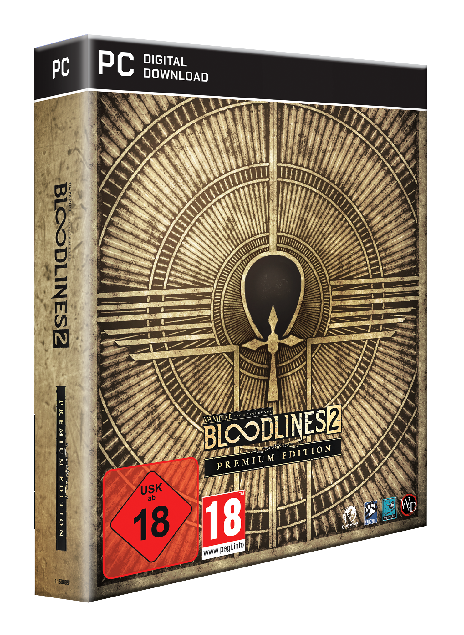 Spielbox von Vampire: The Masquerade - Bloodlines 2. Mit Ankh-Symbol, Altersfreigaben und dem Label Premium Edition.