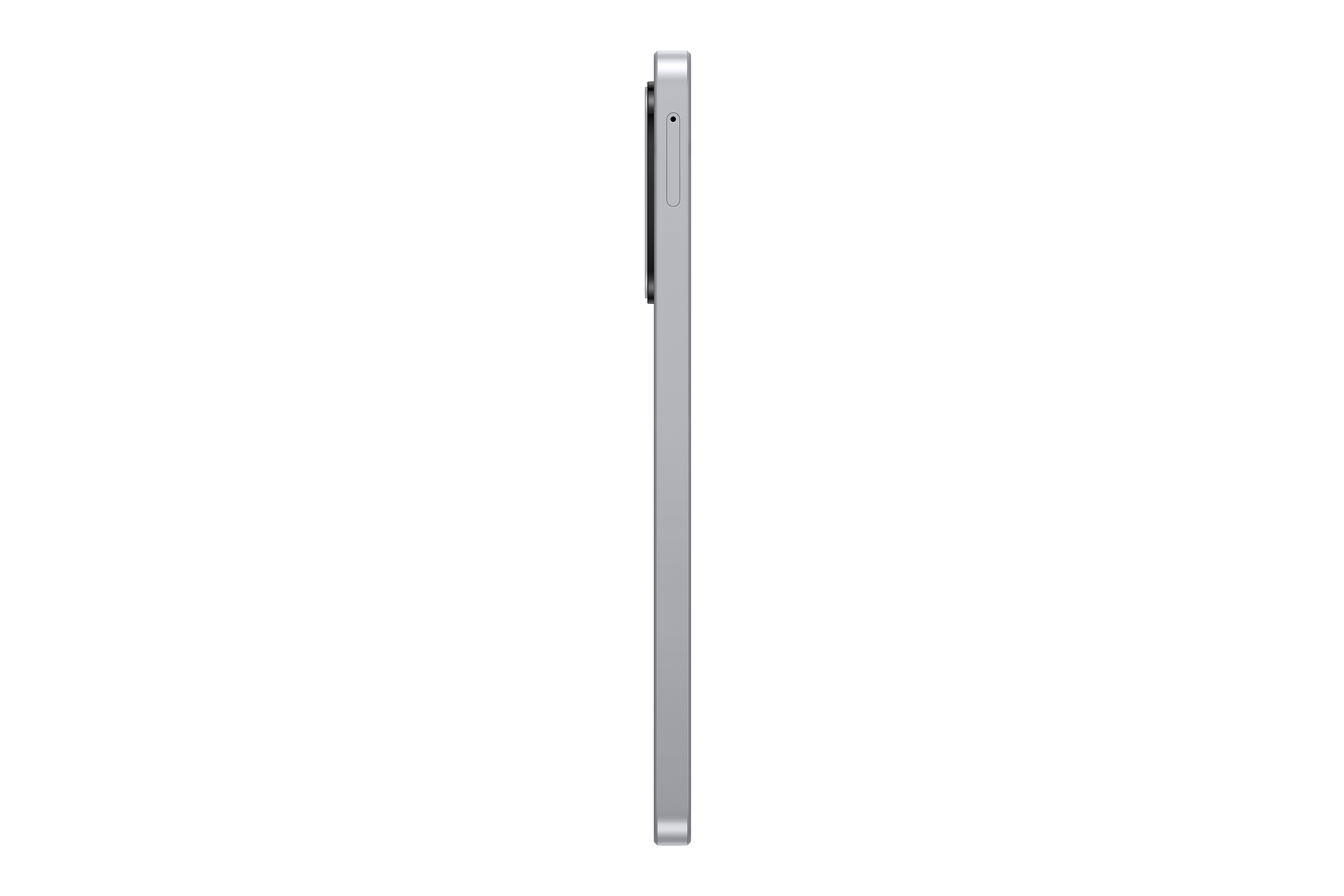 Siyah arka planda gümüş bir tabletin yan görünümü. Tablet dikey konumda.