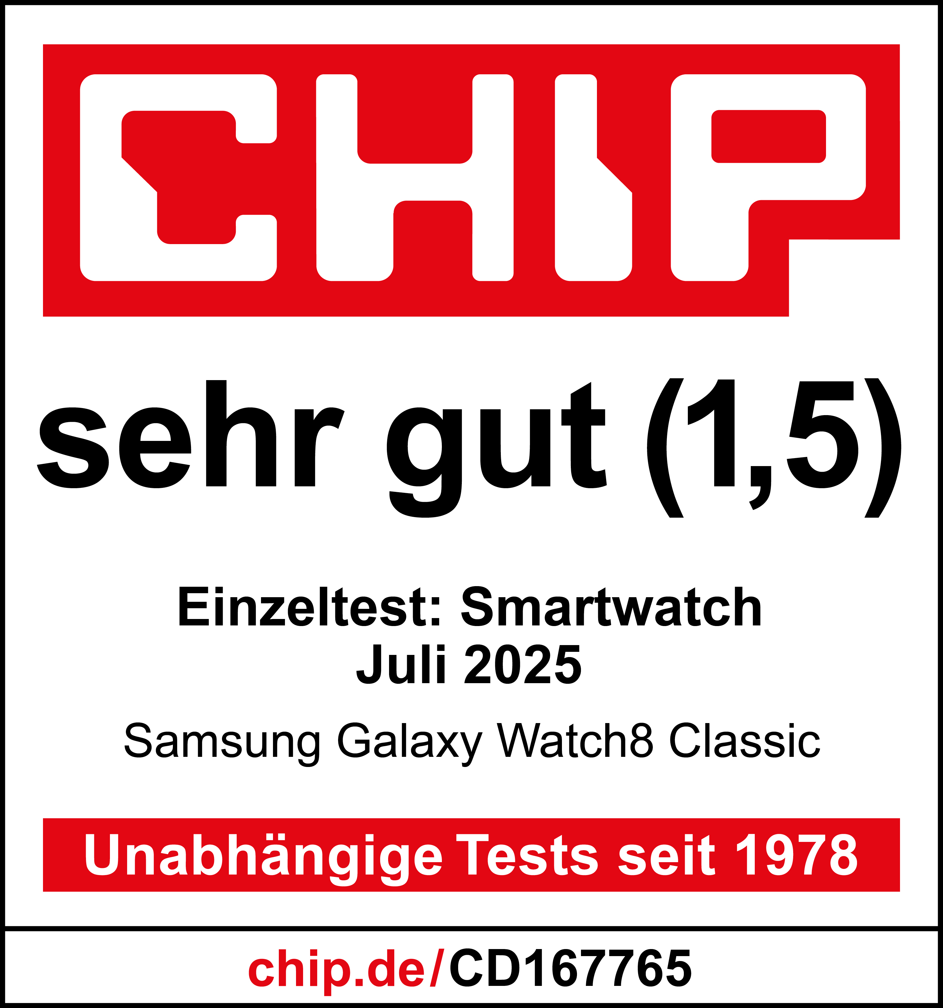 CHIP-Magazin-Cover: Rotes Logo, Bewertung 'sehr gut (1,5)', Smartwatch-Test, Samsung Galaxy Watch8 Classic.