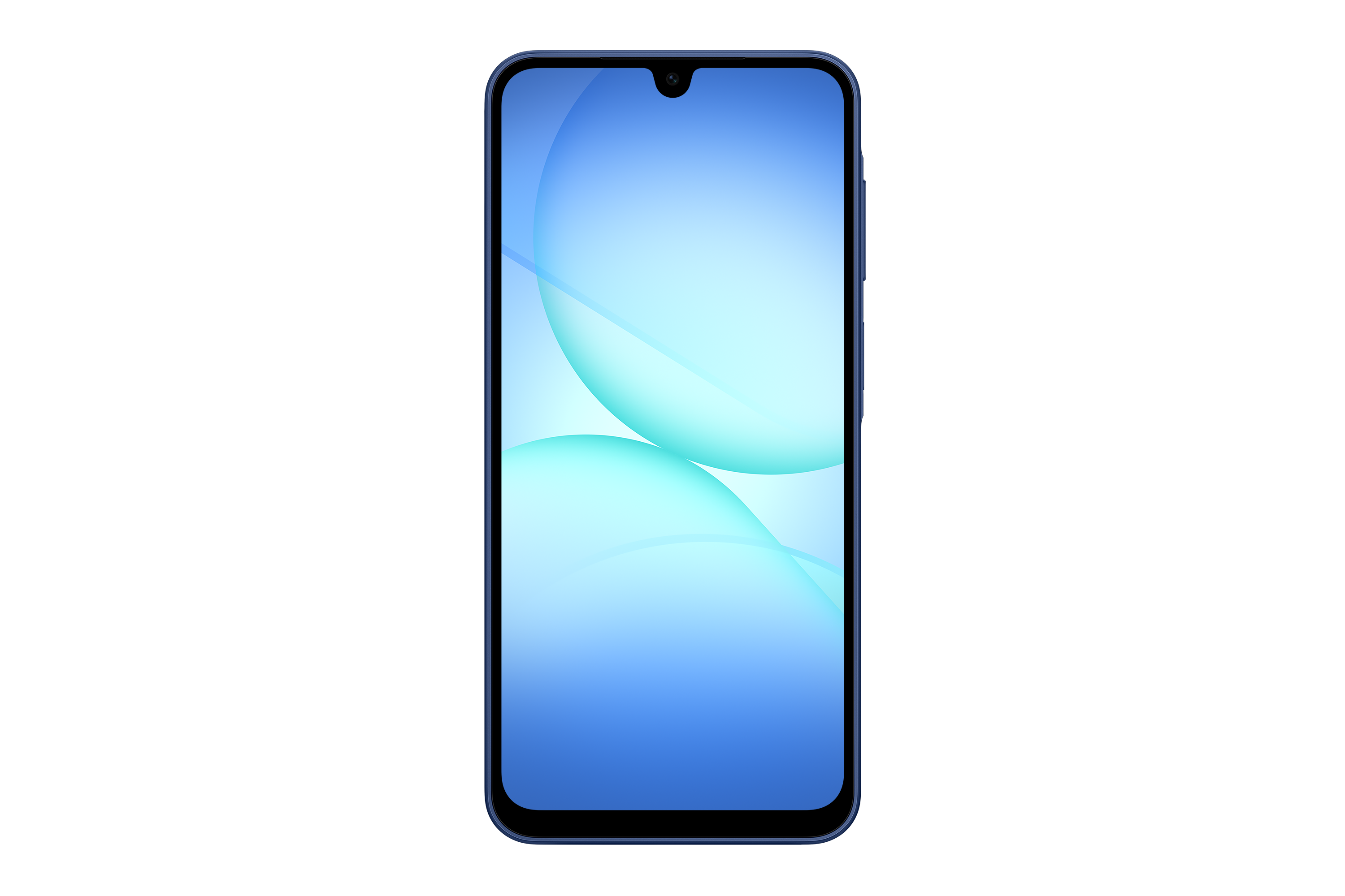 Mavi gradyan ekranlı, siyah arka planlı ve küçük ön kameralı bir akıllı telefon. Ekran eğimli tasarımlar sergiliyor.