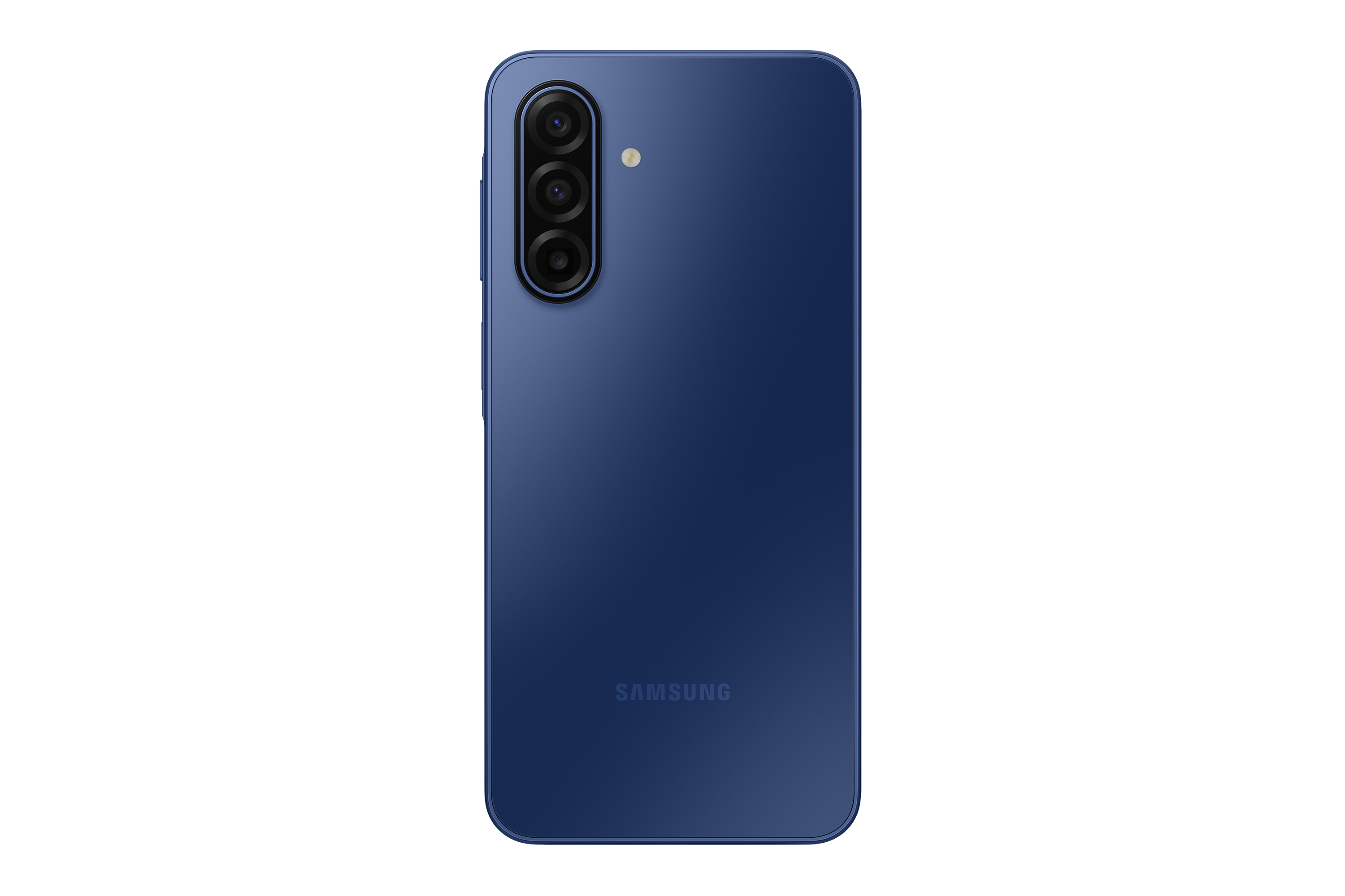 Üç kameralı ve solda flaşlı mavi bir akıllı telefonun arkası. Samsung logosu altta.