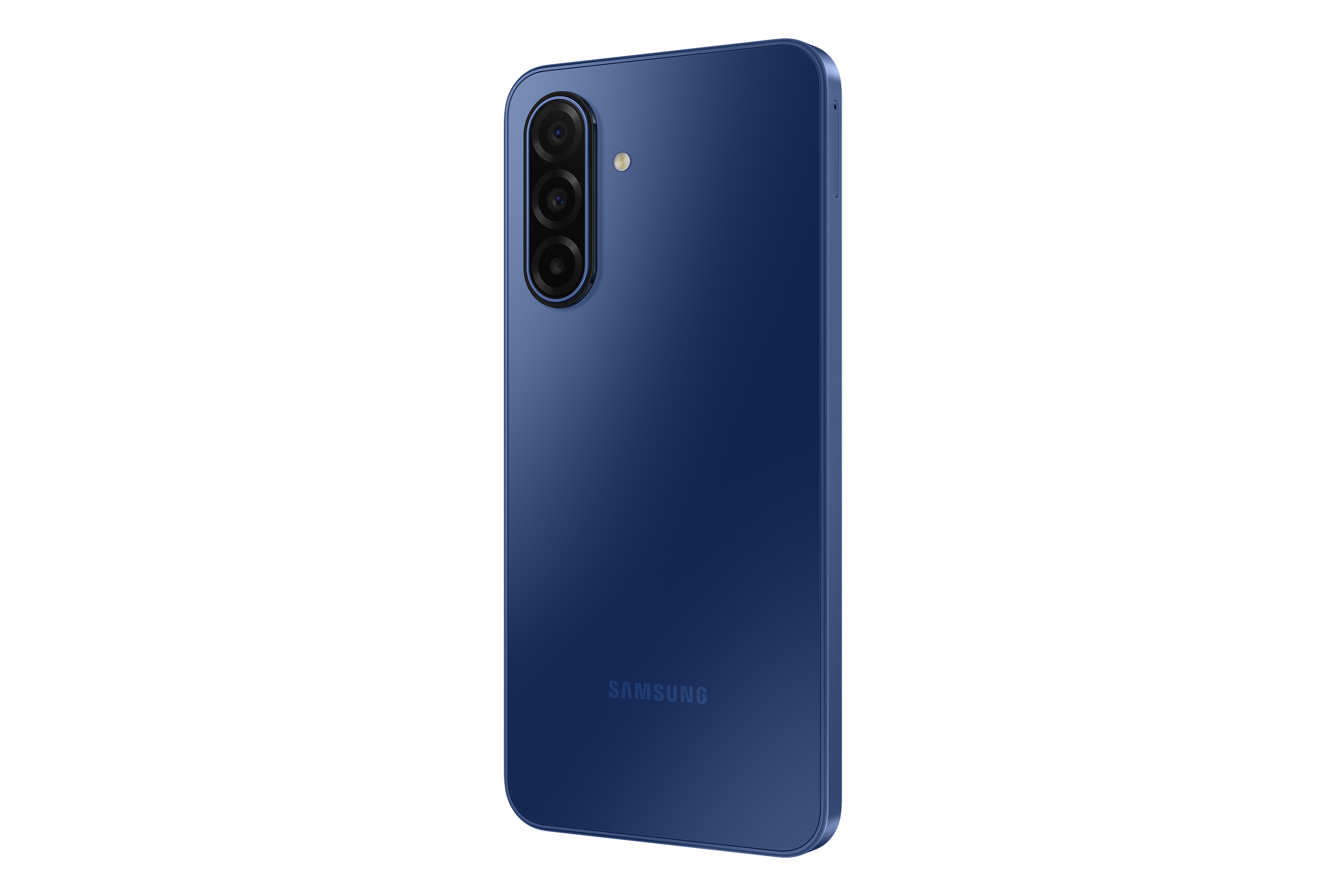 Mavi Samsung telefonun arkadan görünümü, üç kamera ve flaş. Siyah arka plan.