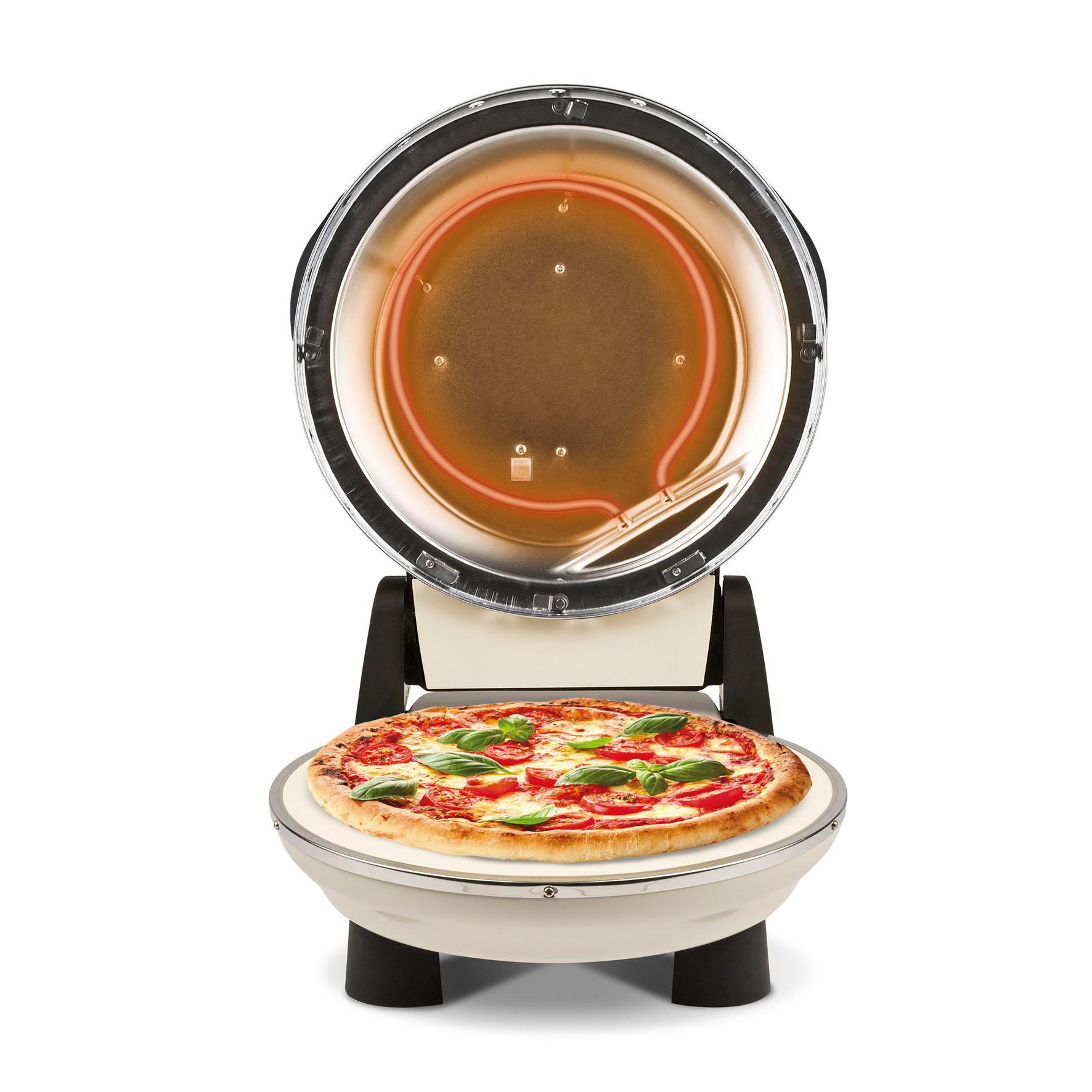 Pizzaofen mit offenem Deckel. Pizza mit Tomaten und Basilikum liegt auf dem Boden. Rotes Heizelement im offenen Deckel. Weißer Hintergrund.