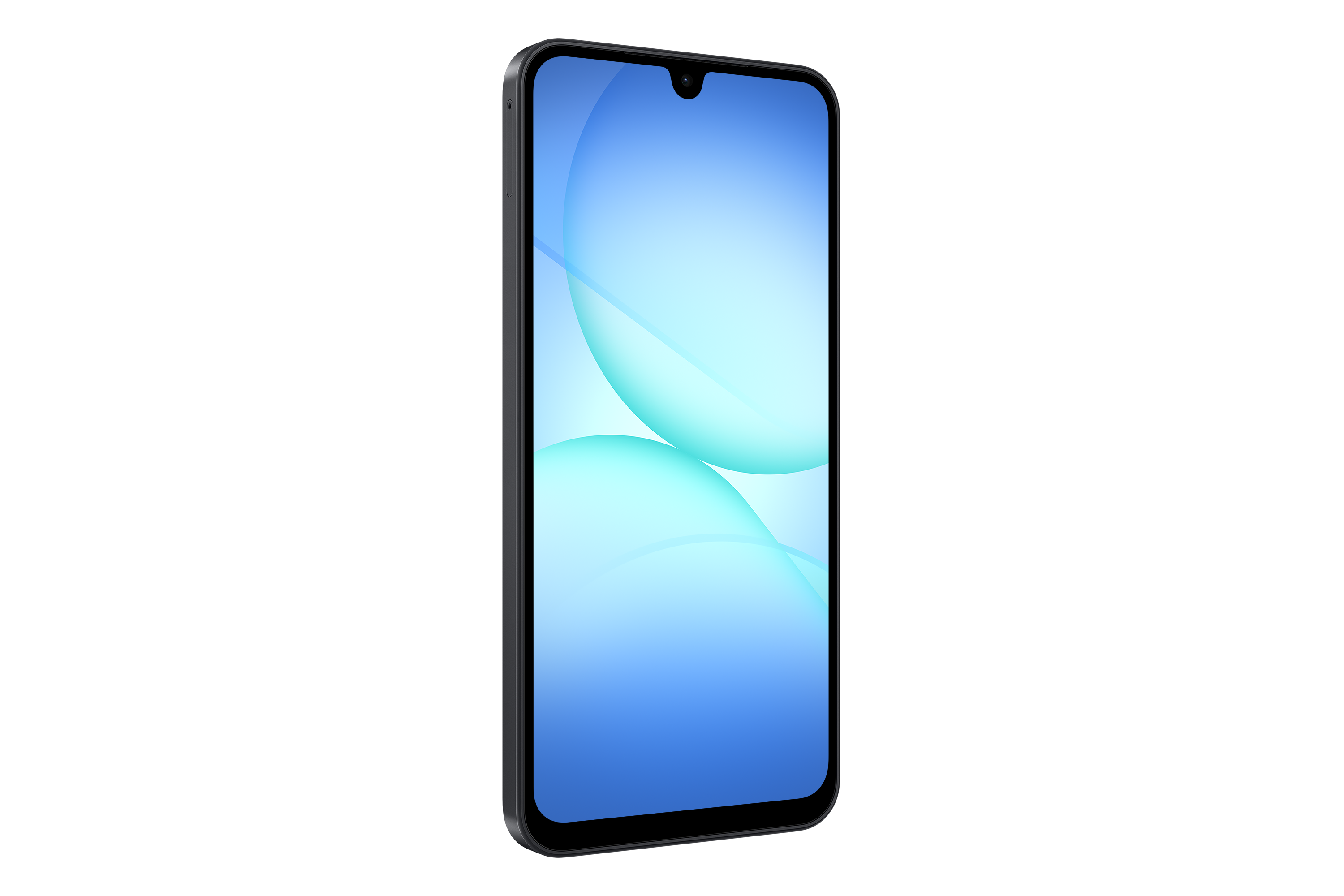 Siyah arkaplanda mavi ve beyaz ekranlı bir akıllı telefon. Telefon sağa doğru açılı.