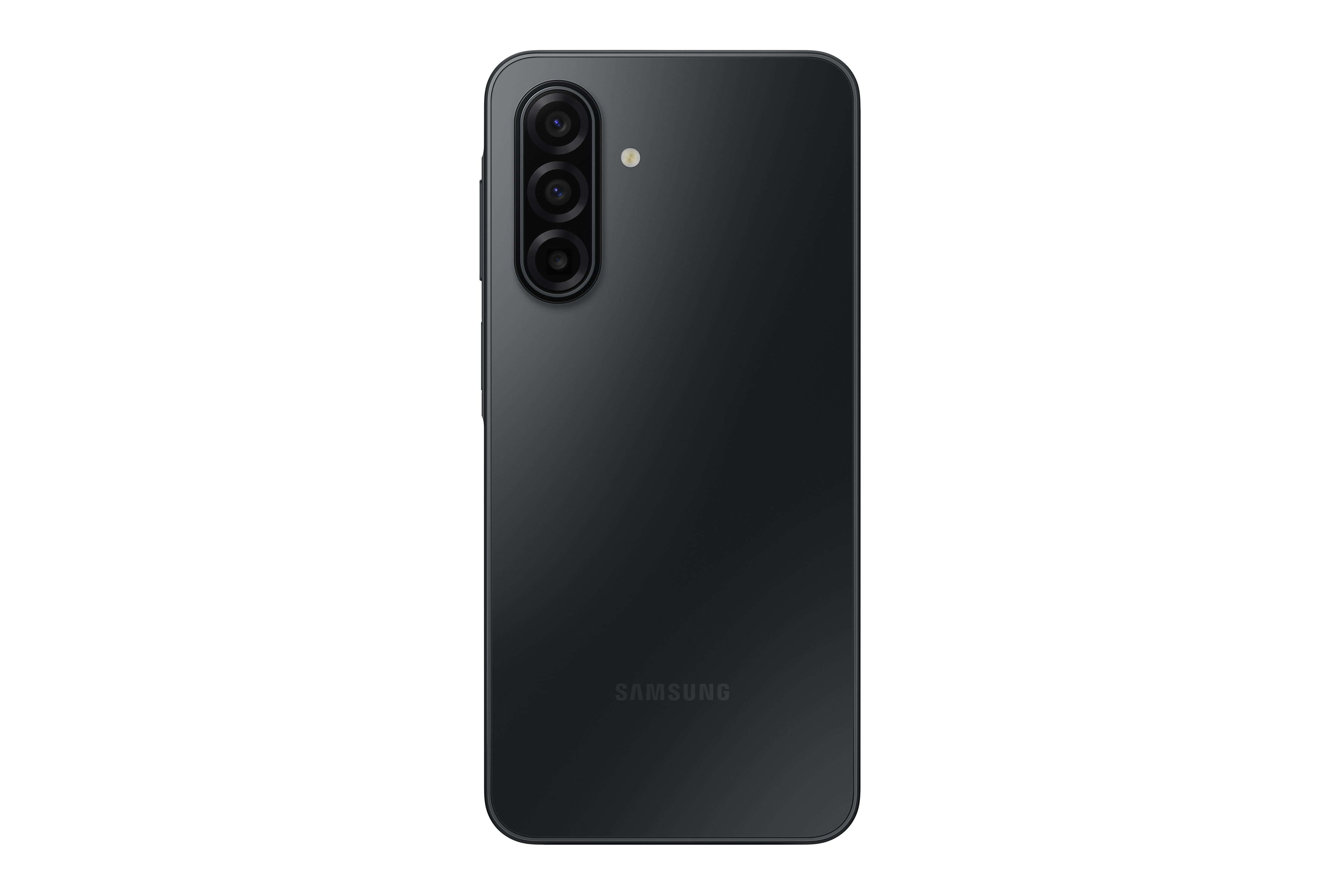 Üç kameralı ve flaşlı siyah akıllı telefon arkası. Samsung logosu altta.