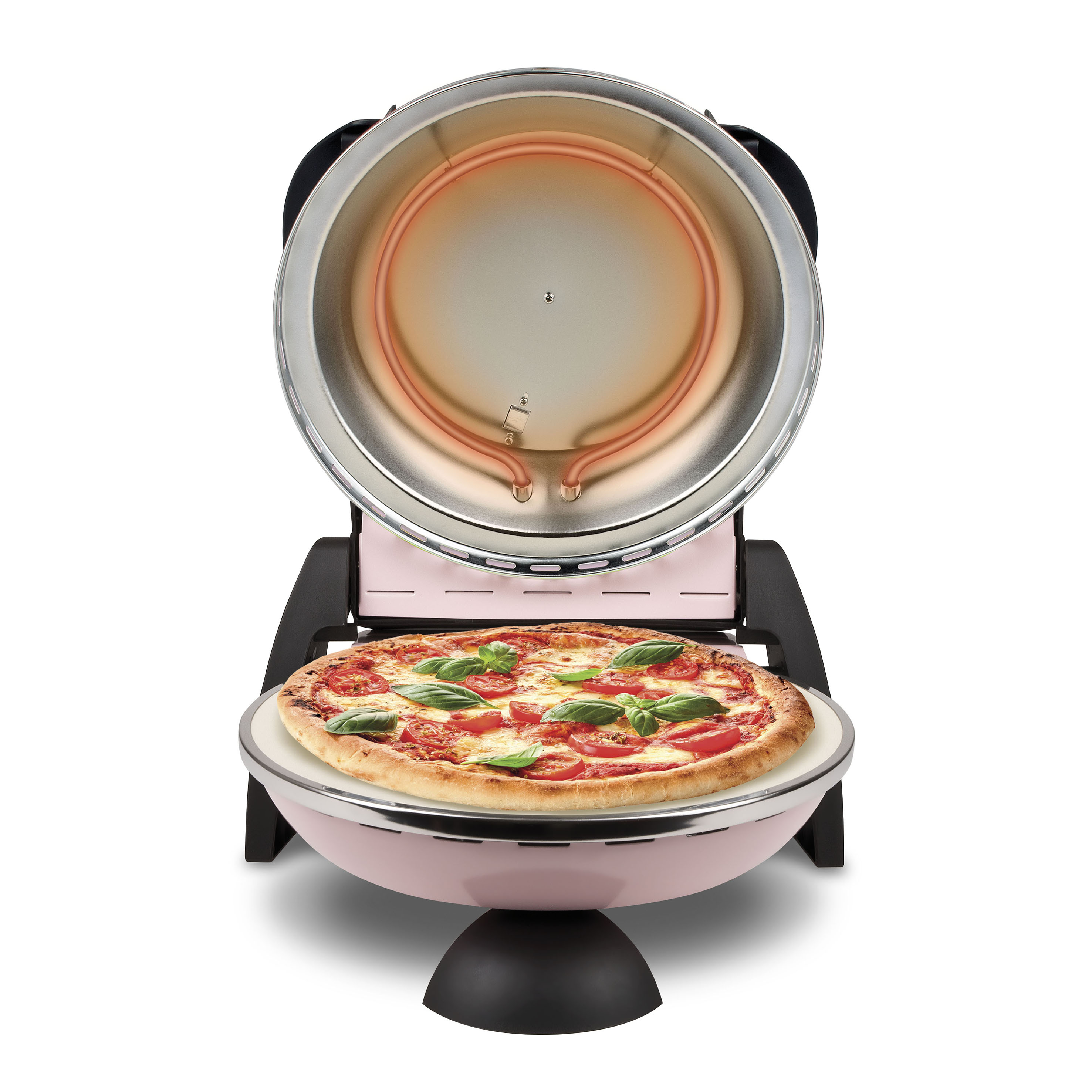 Ein rosa Pizzaofen mit einer Pizza darin. Die Pizza hat Tomaten und Basilikum. Der Ofen ist offen, das Heizelement ist sichtbar.