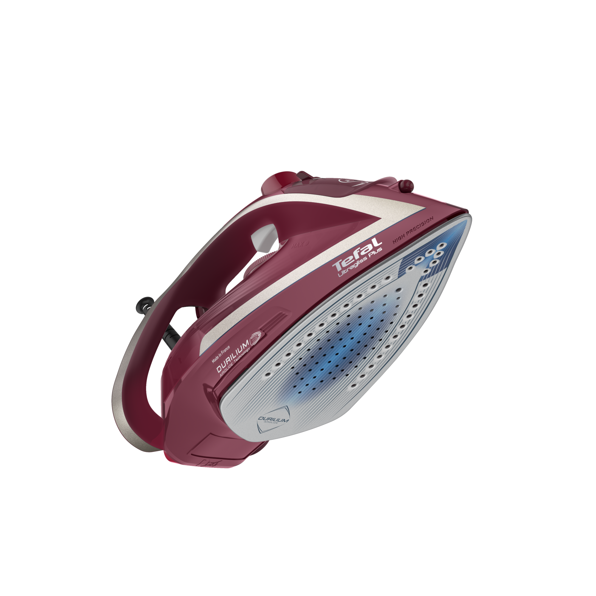 Egy Tefal Ultragliss Plus vasaló bordó testtel, fehér díszítéssel és kék talppal, fehér háttéren izolálva.