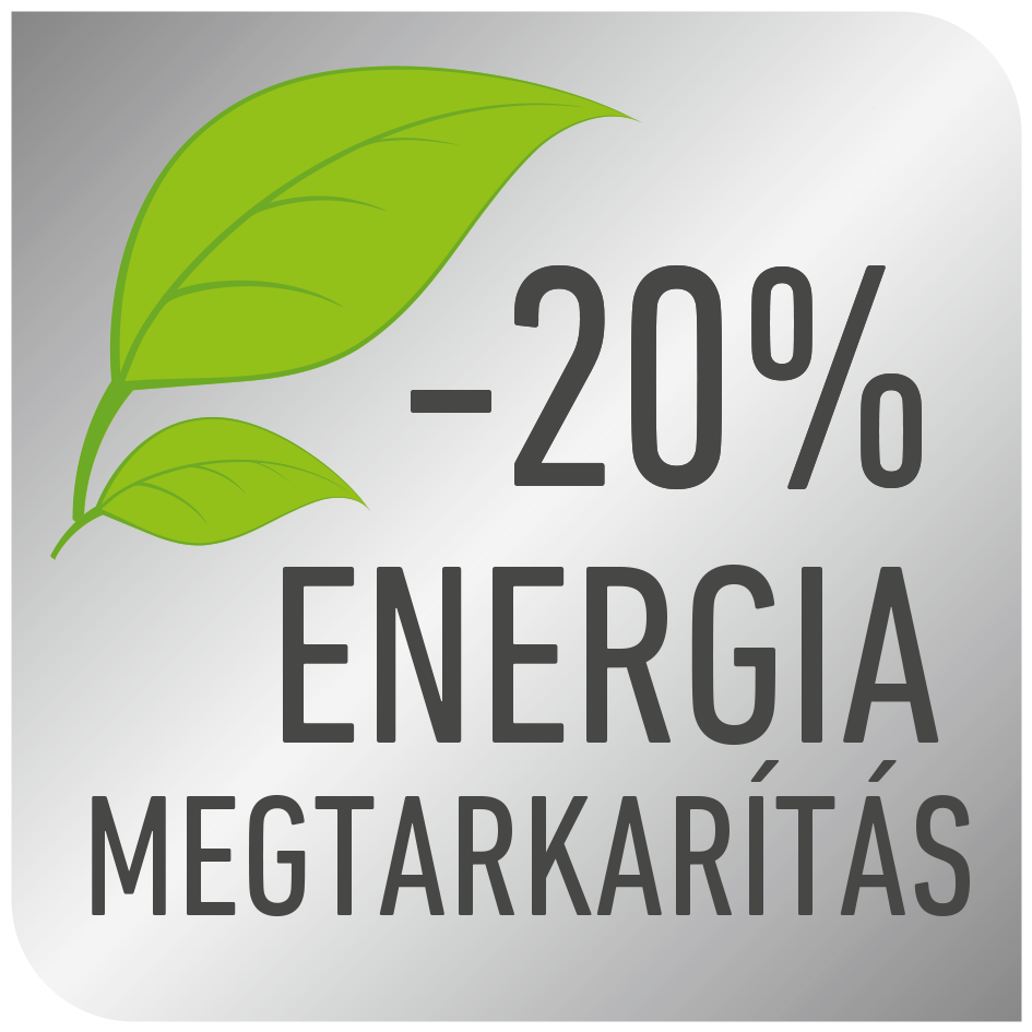 Ezüst jelvény zöld levelekkel, -20% és 'ENERGIA MEGTARARÍTÁS' felirattal.