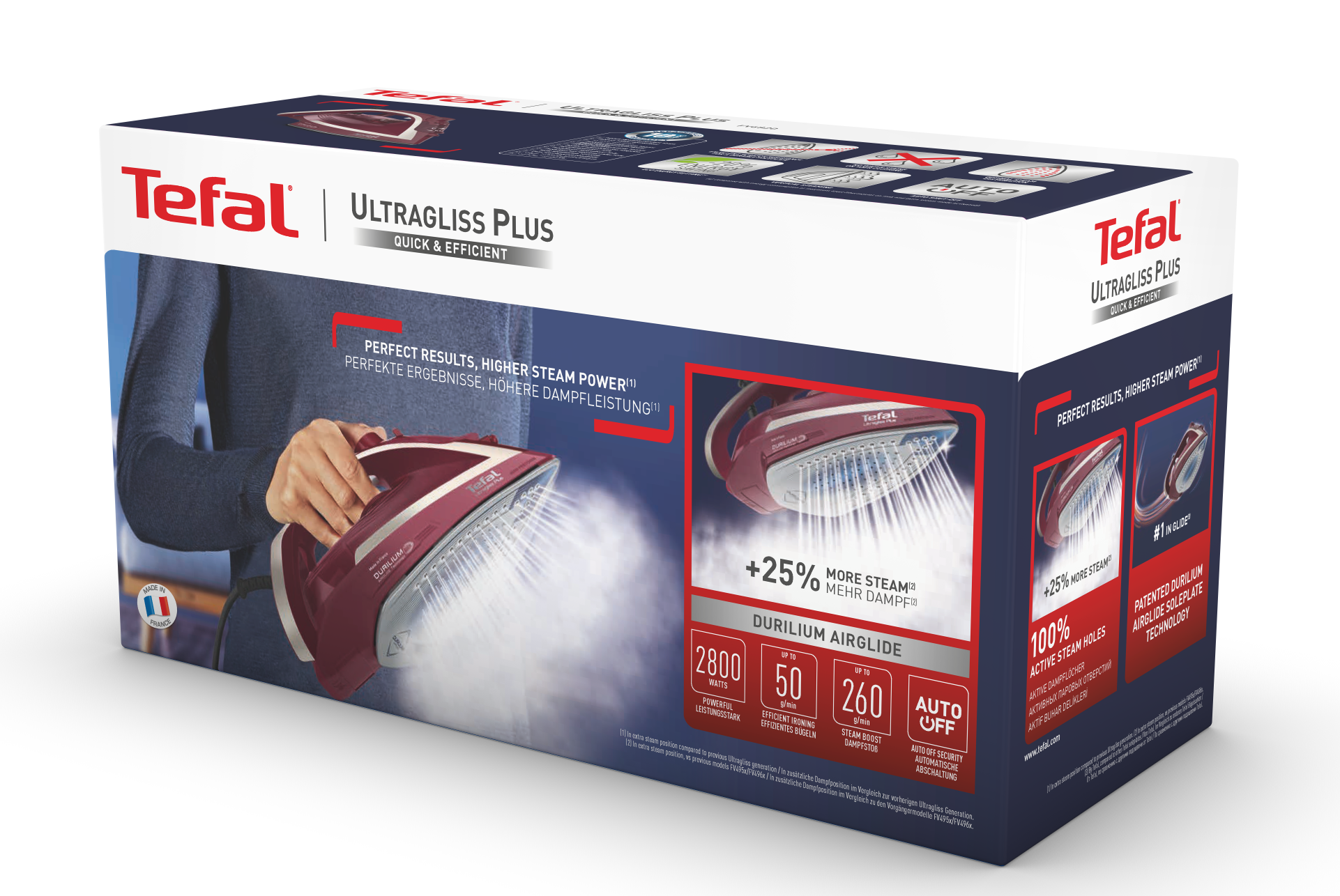 Tefal Ultragliss Plus vasaló doboza. Egy kéz tartja a vasalót egy fehér felület felett, gőzzel. Szöveg és funkciók láthatók a dobozon.