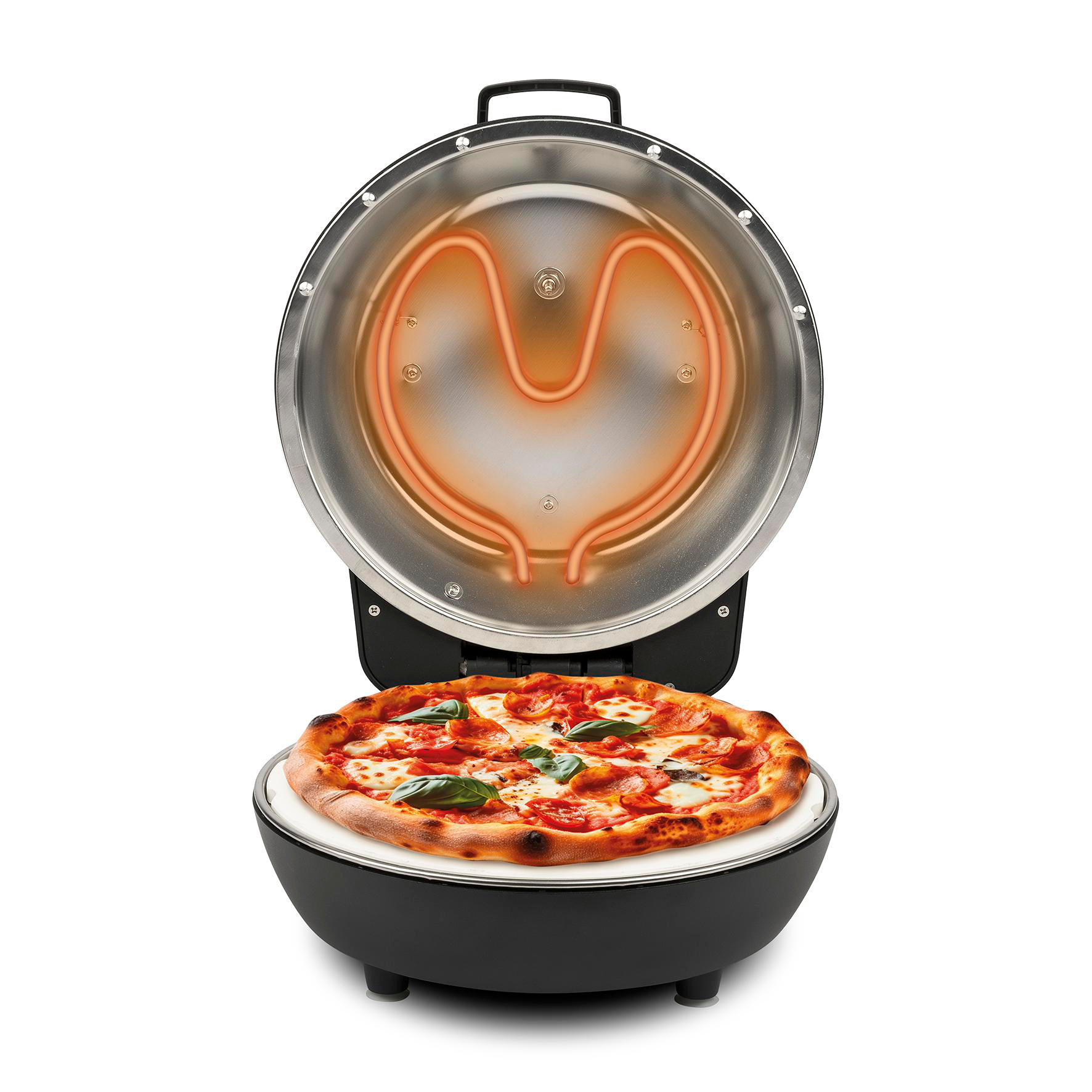 Ein offener Pizzaofen mit einer darin gebackenen Pizza. Die Oberseite ist offen und zeigt Heizelemente. Die Pizza liegt auf einem weißen Stein.