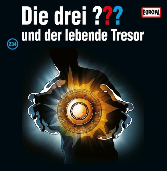 Cover mit Titel "Die drei ???" und einem Tresor. Eine Silhouette hält das leuchtende Tresorrad. Blaue und rote Fragezeichen.